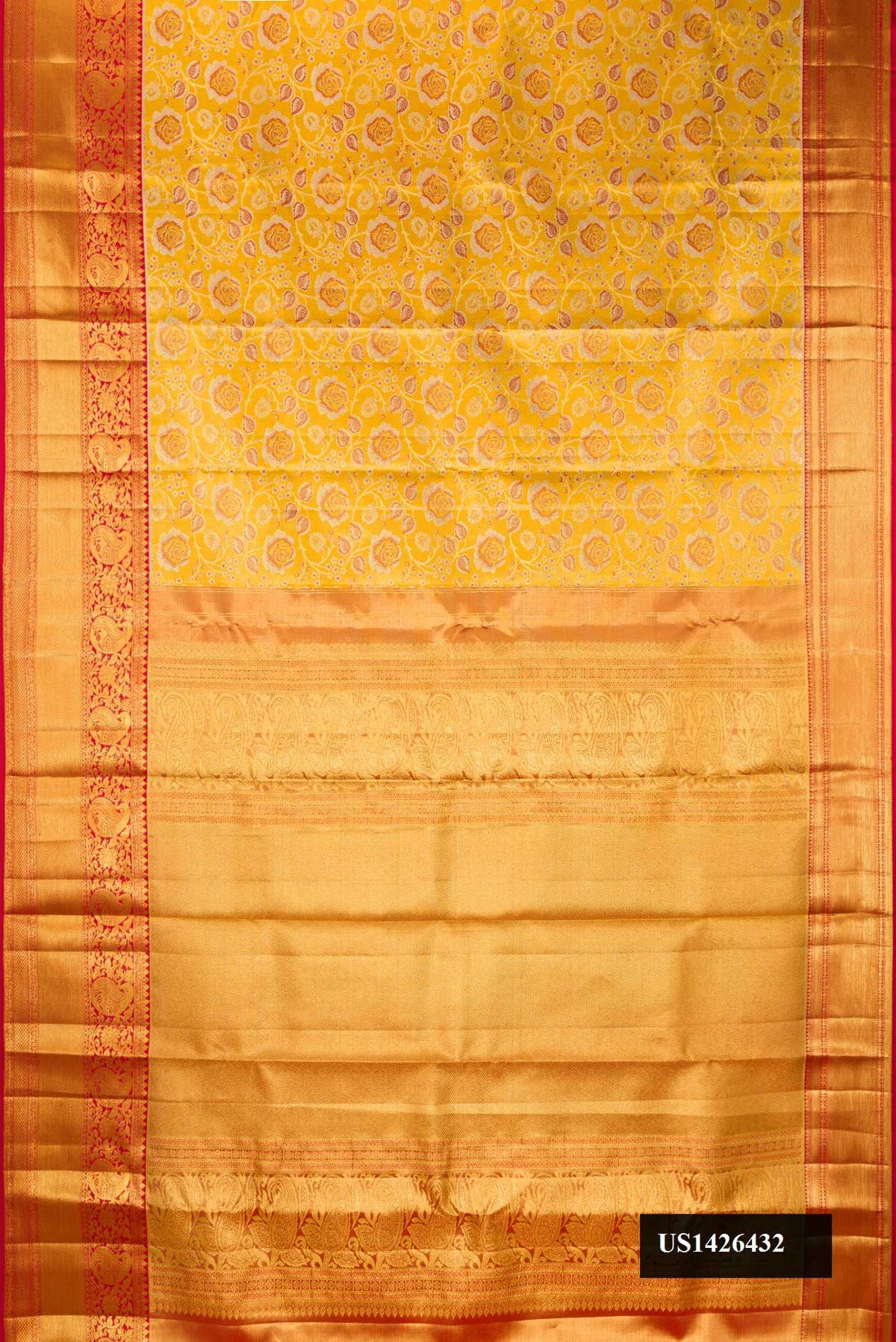 Mustard Dual Tone Kanchipuram Tissue Silk Saree with Zari Brocade on the body and Zari Border.  displayed on a mannequin