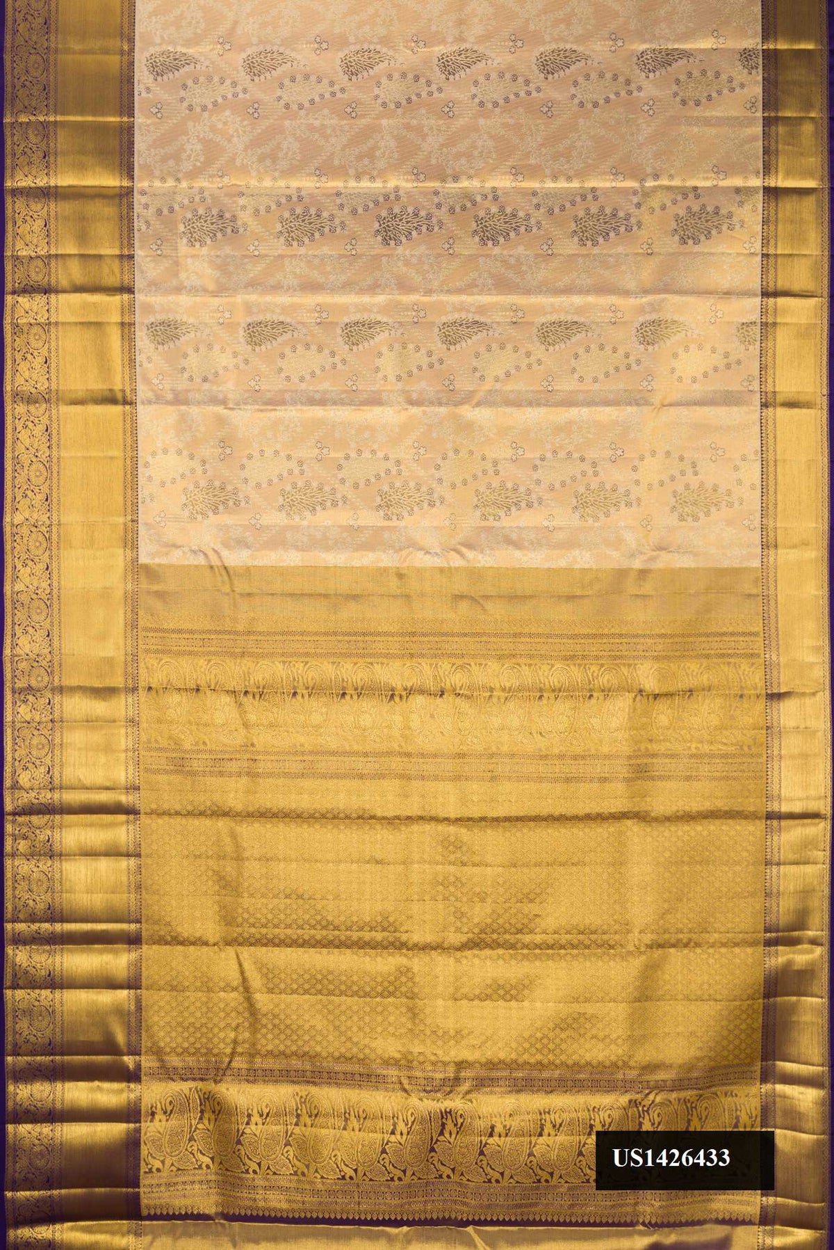Beige Dual Tone Kanchipuram Tissue Silk Saree with Zari Brocade on the body and Zari Border.  displayed on a mannequin