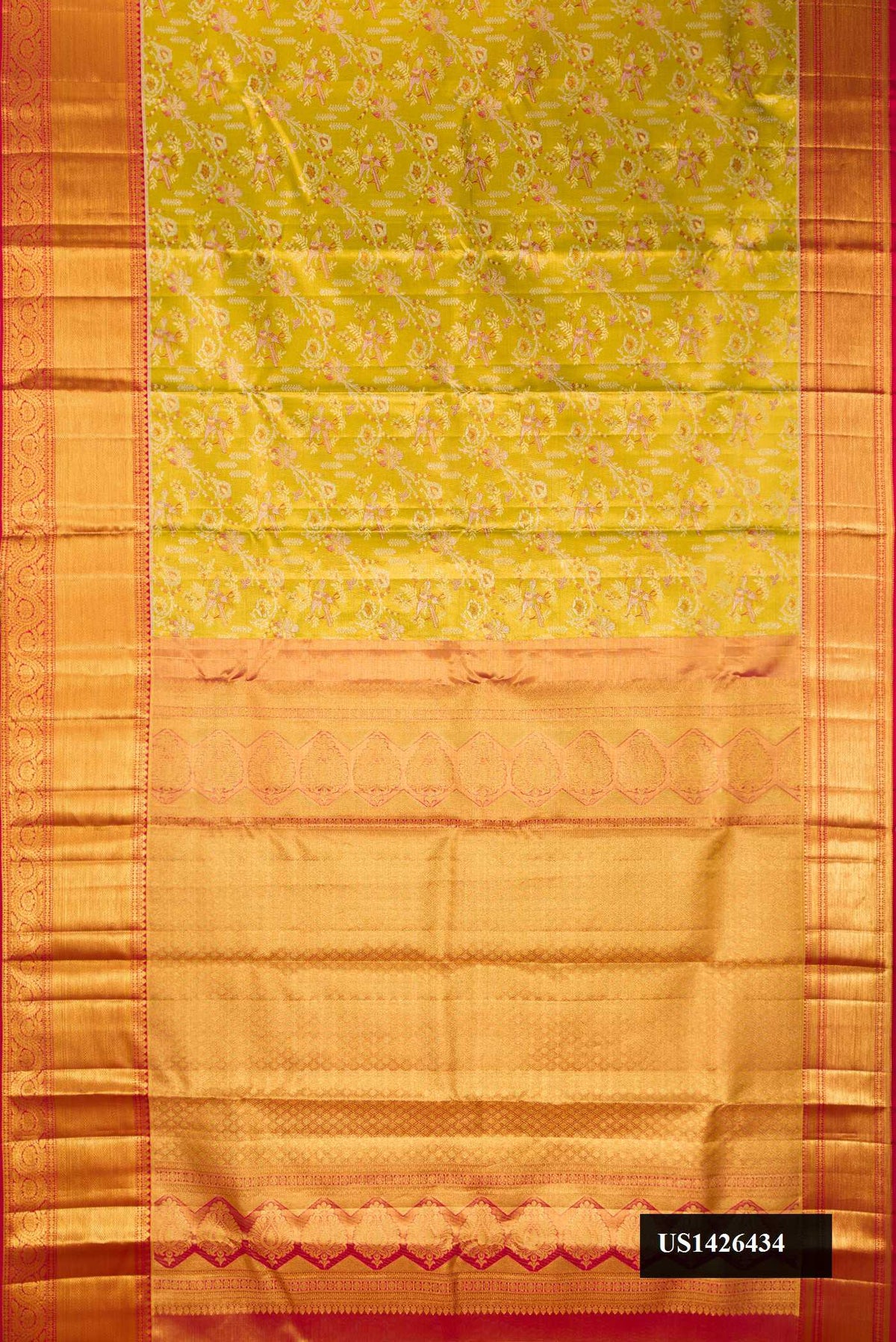 Mehandi Green Dual Tone Kanchipuram Tissue Silk Saree with Zari Brocade on the body and Zari Border.  displayed on a mannequin