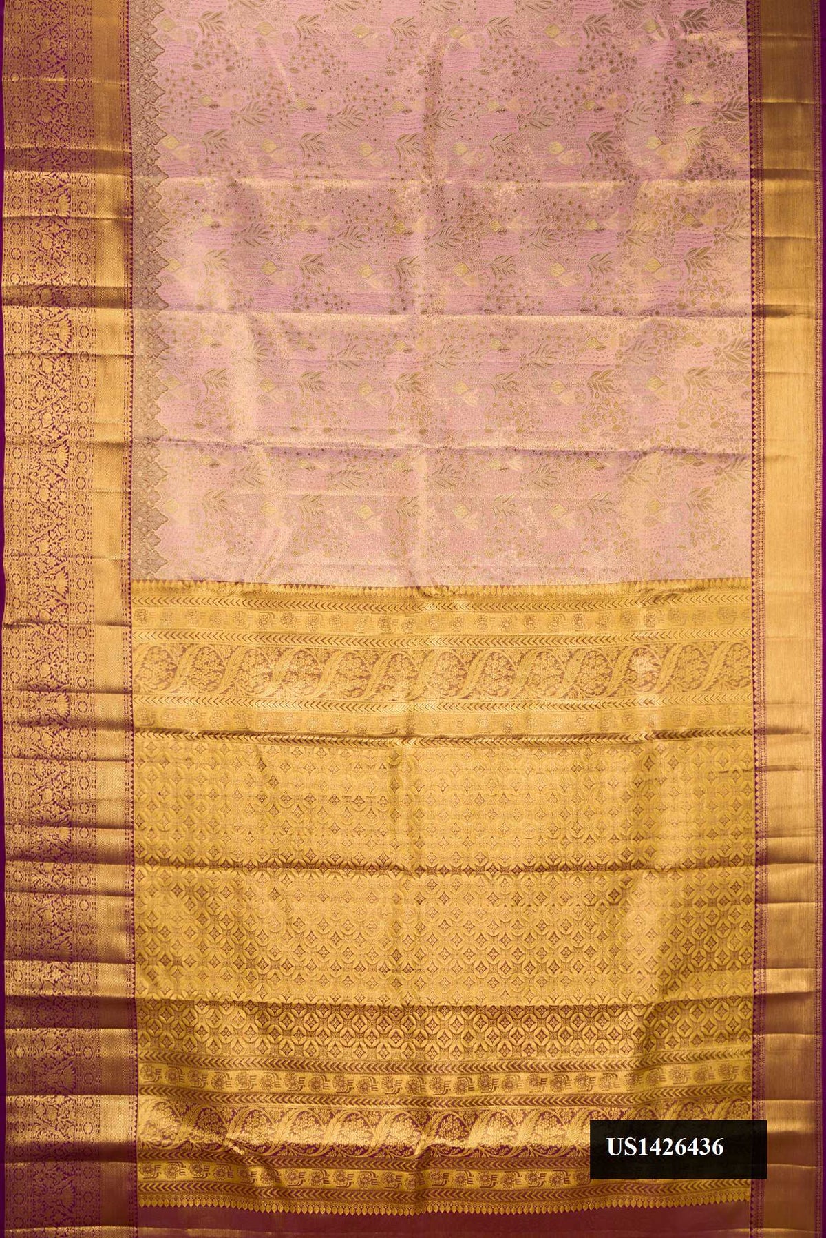 Rose Gold Dual Tone Kanchipuram Tissue Silk Saree with Zari Brocade on the body and Zari Border.  displayed on a mannequin