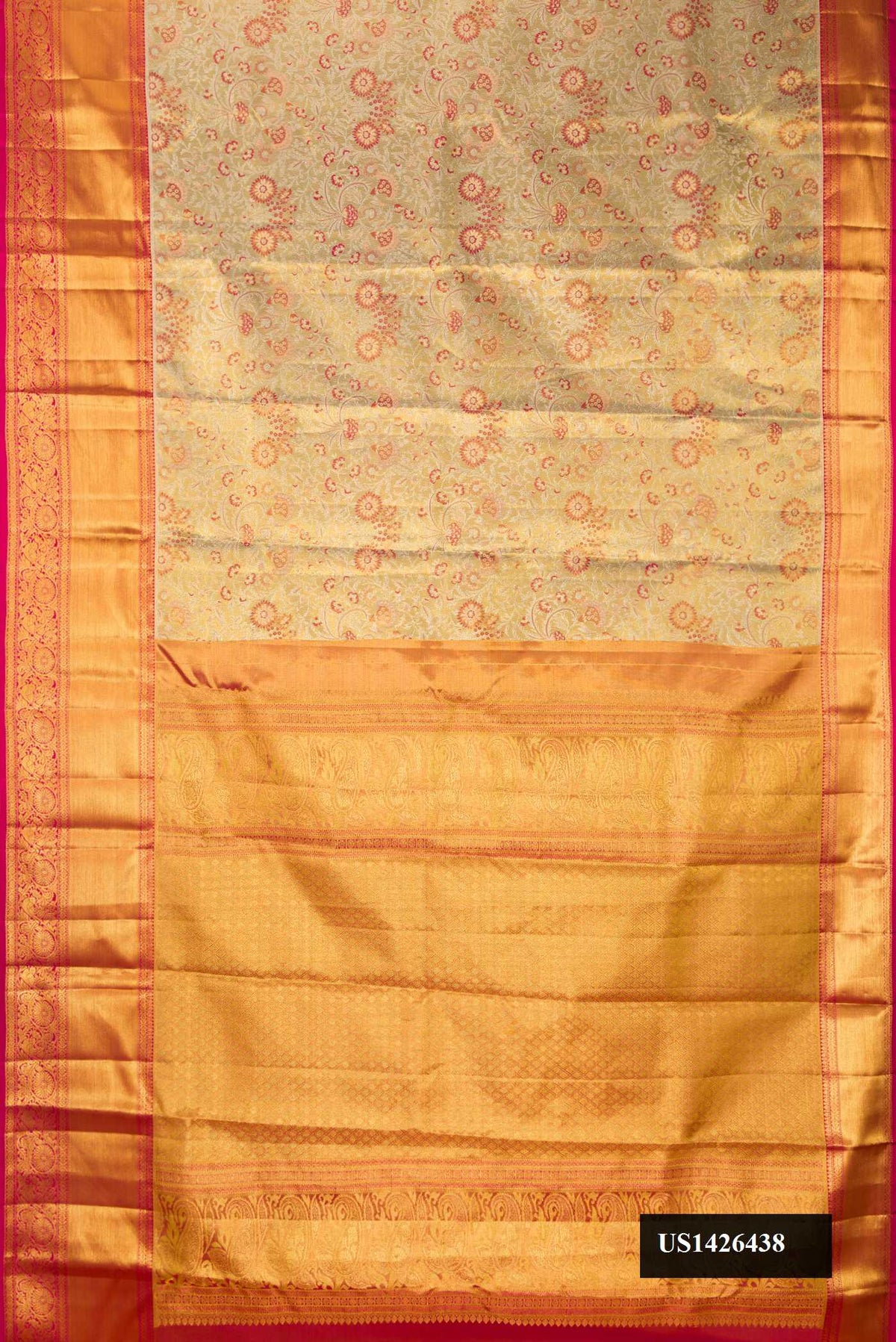 Light Green Dual Tone Kanchipuram Tissue Silk Saree with Zari Brocade on the body and Zari Border.  displayed on a mannequin