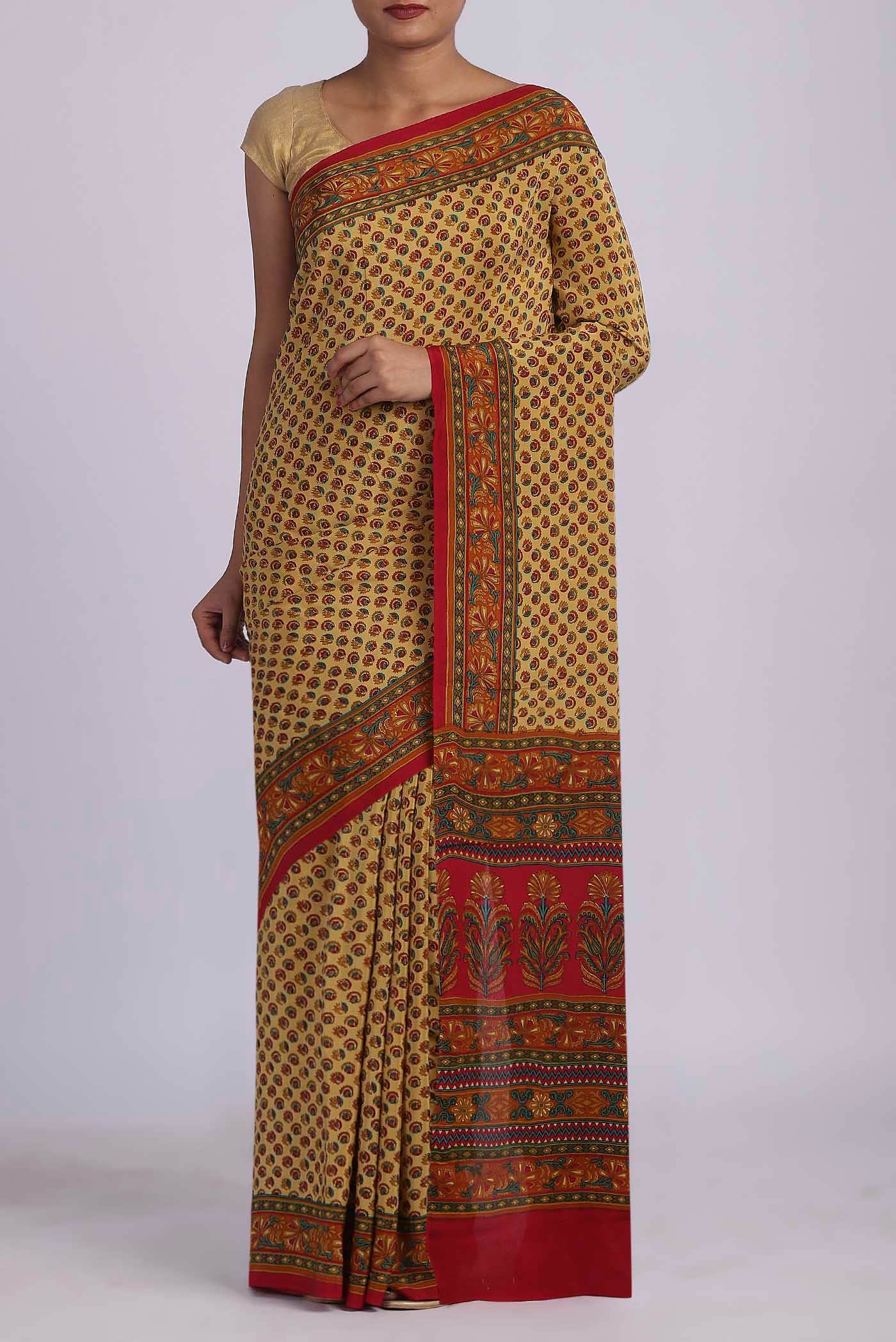 Beige Printed Silk Saree