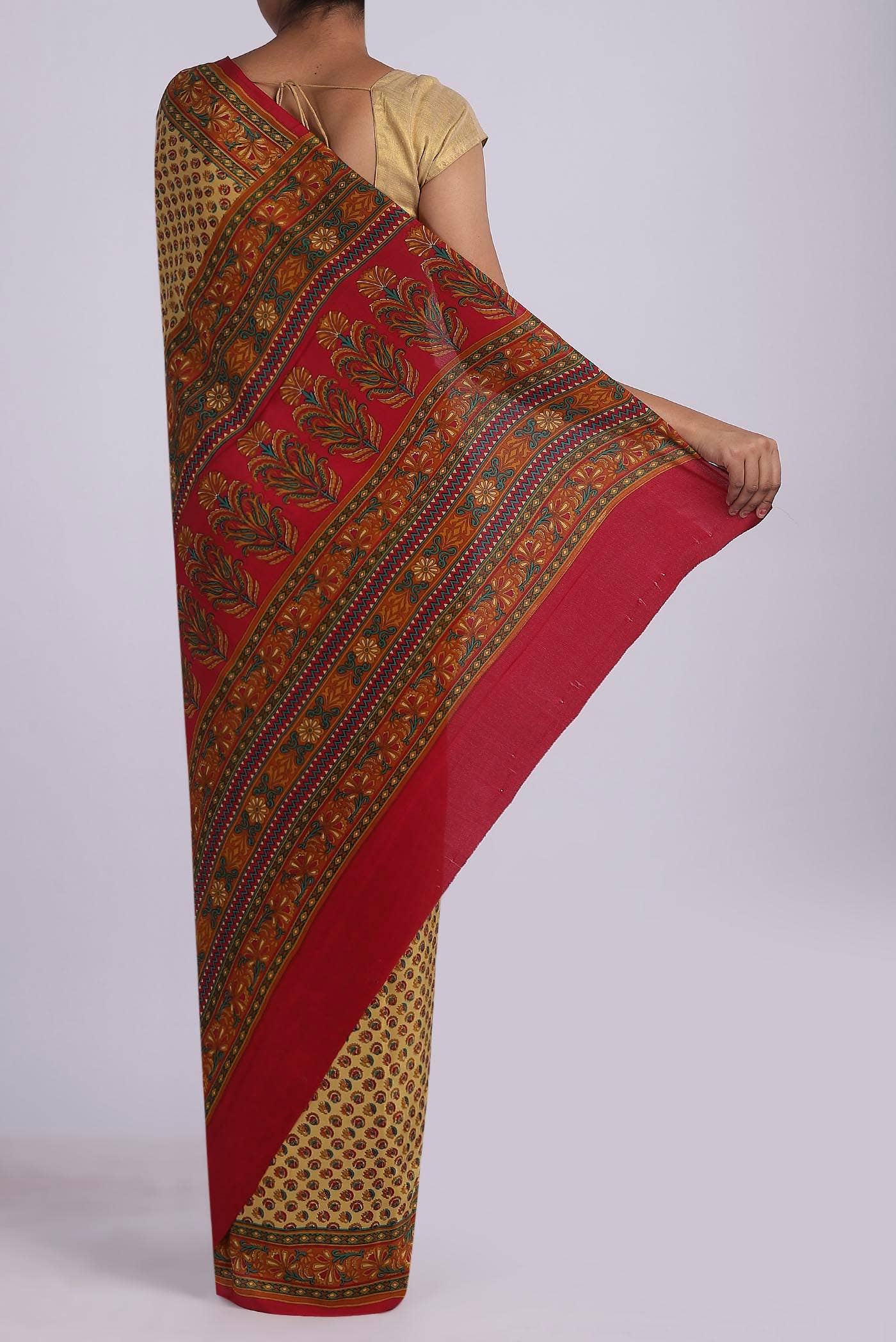 Beige Printed Silk Saree