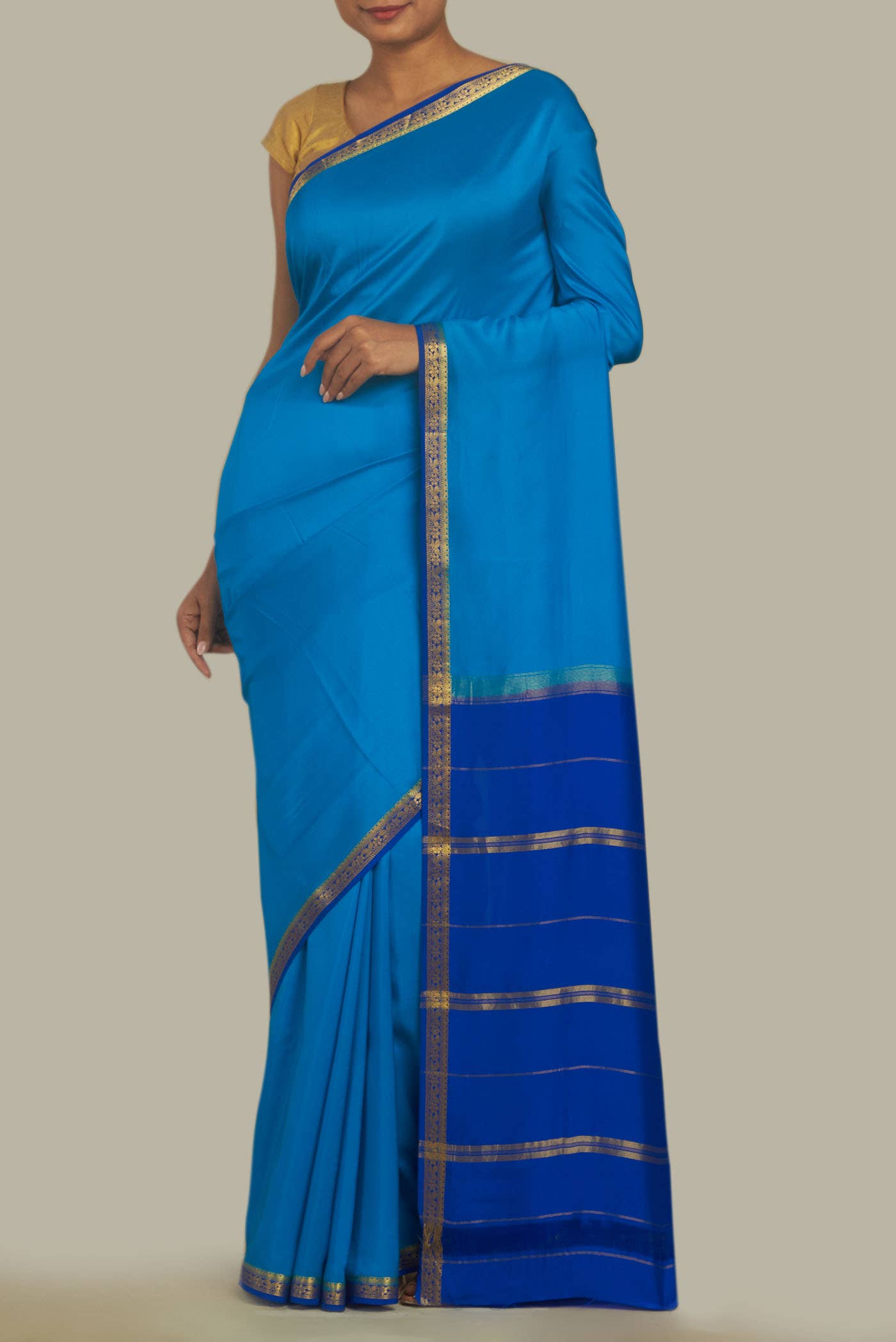 Pure Silk Pure Zari Blue Mysore Crepe Saree