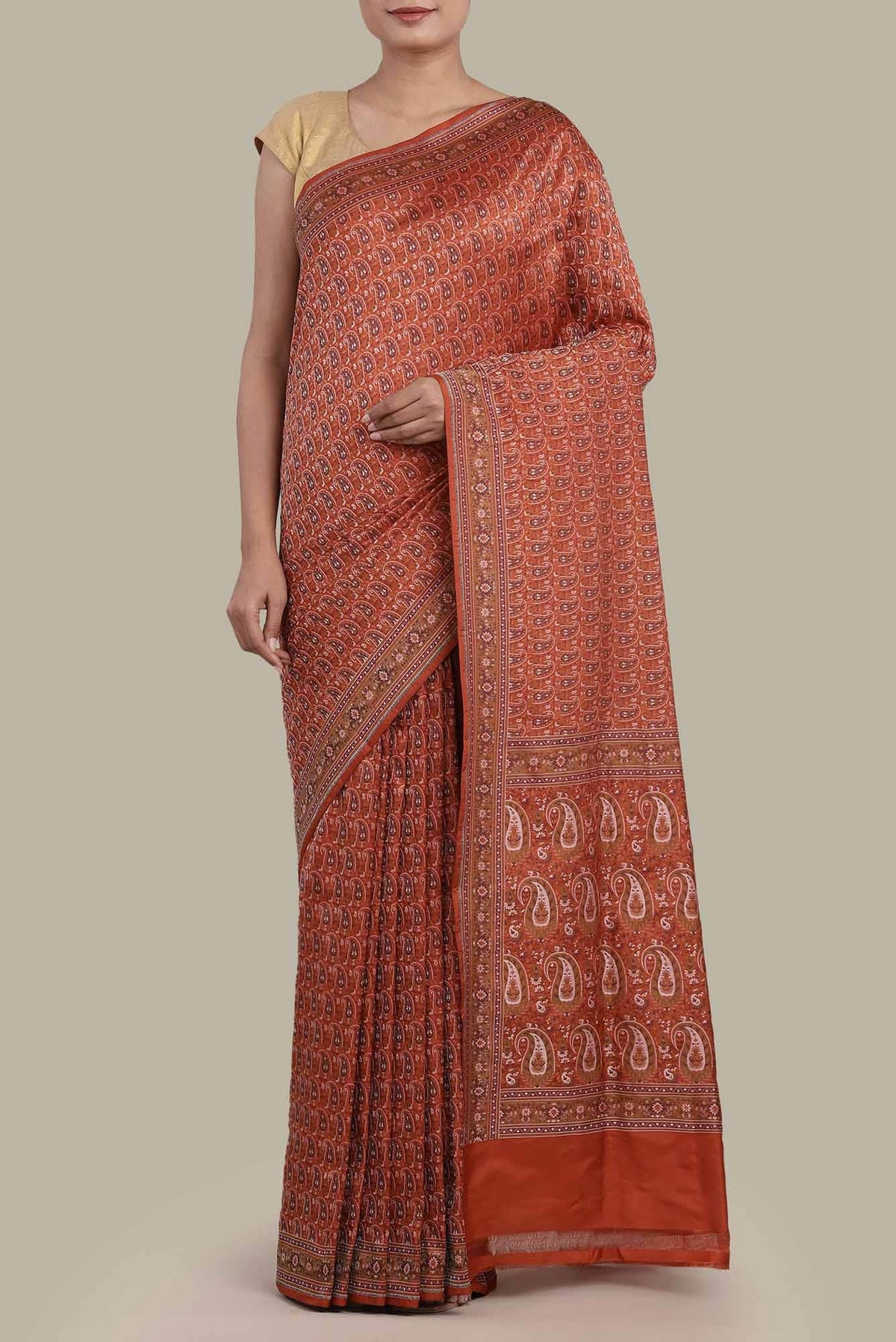 Rust Banarasi Tanchoi Silk Saree