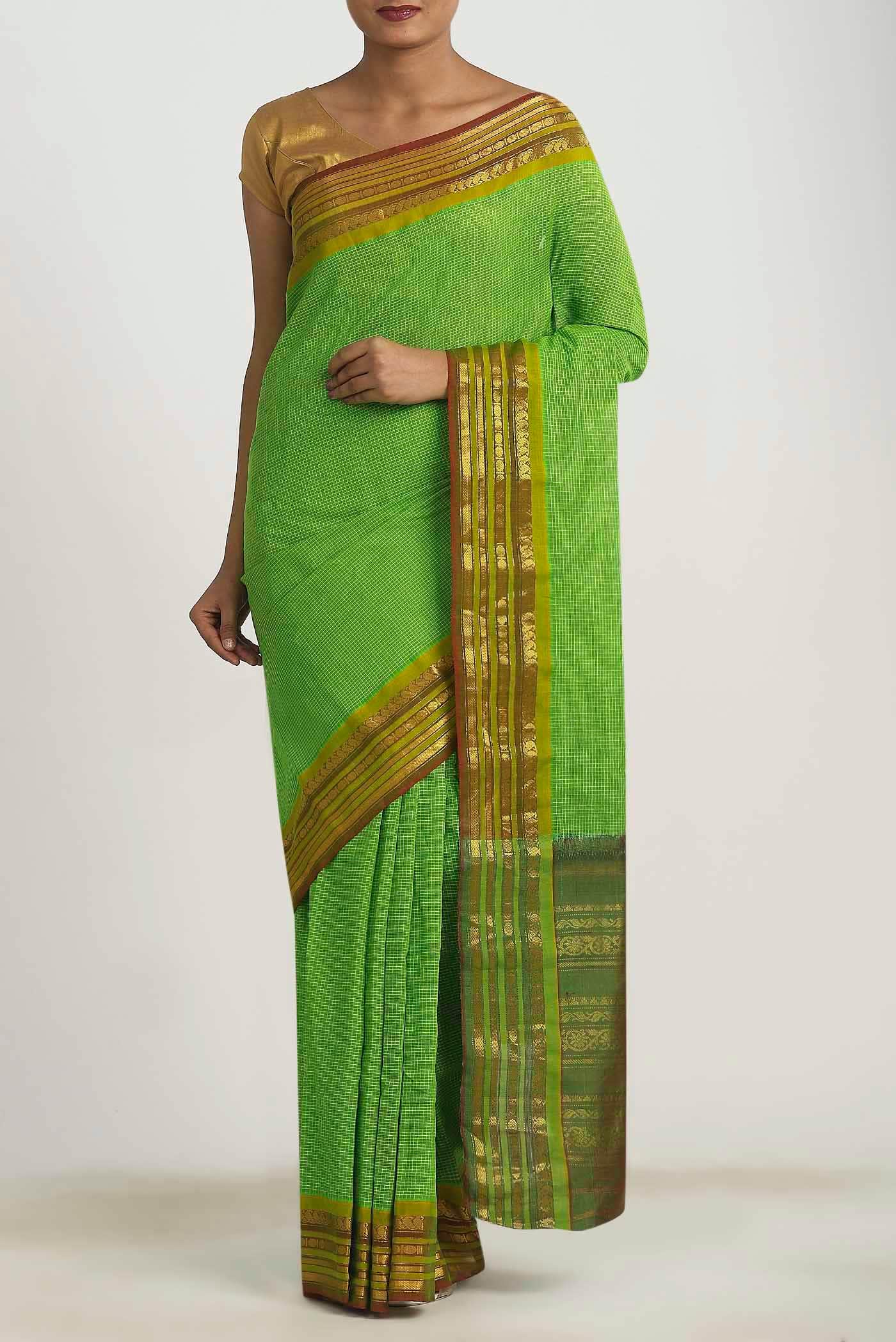 Parrot Green Gadwal cotton Saree