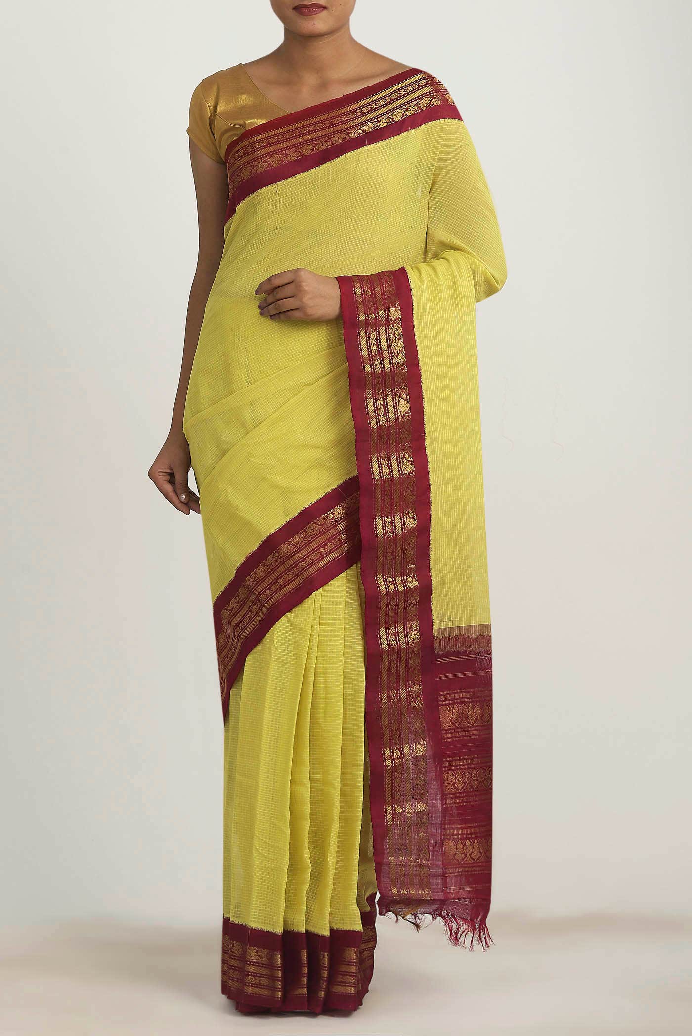 Lemon Yellow Gadwal cotton Saree