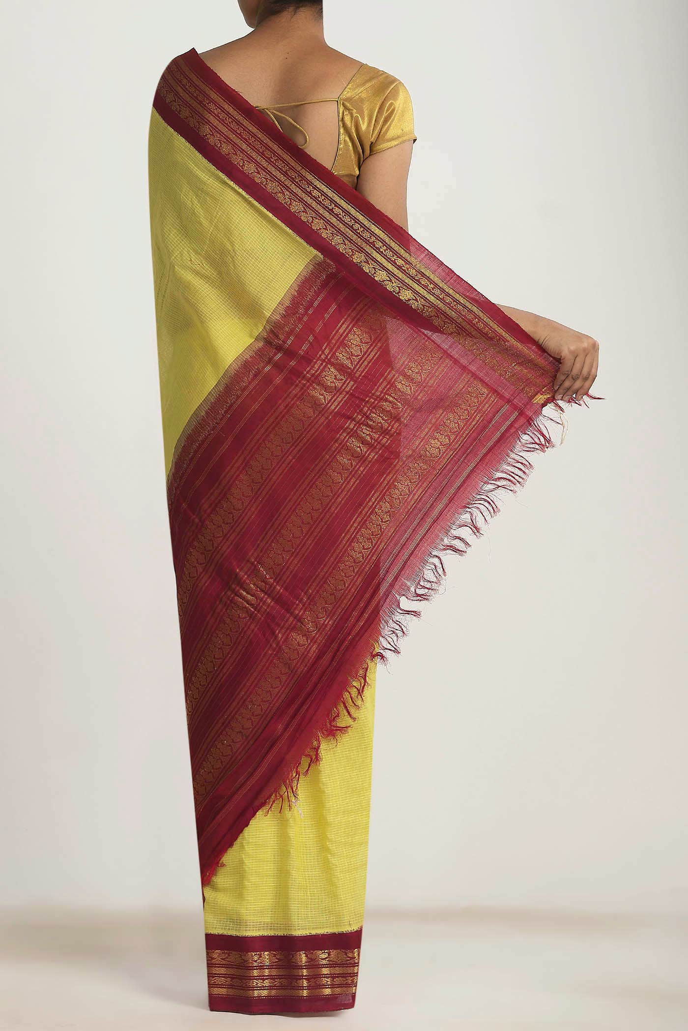 Lemon Yellow Gadwal cotton Saree