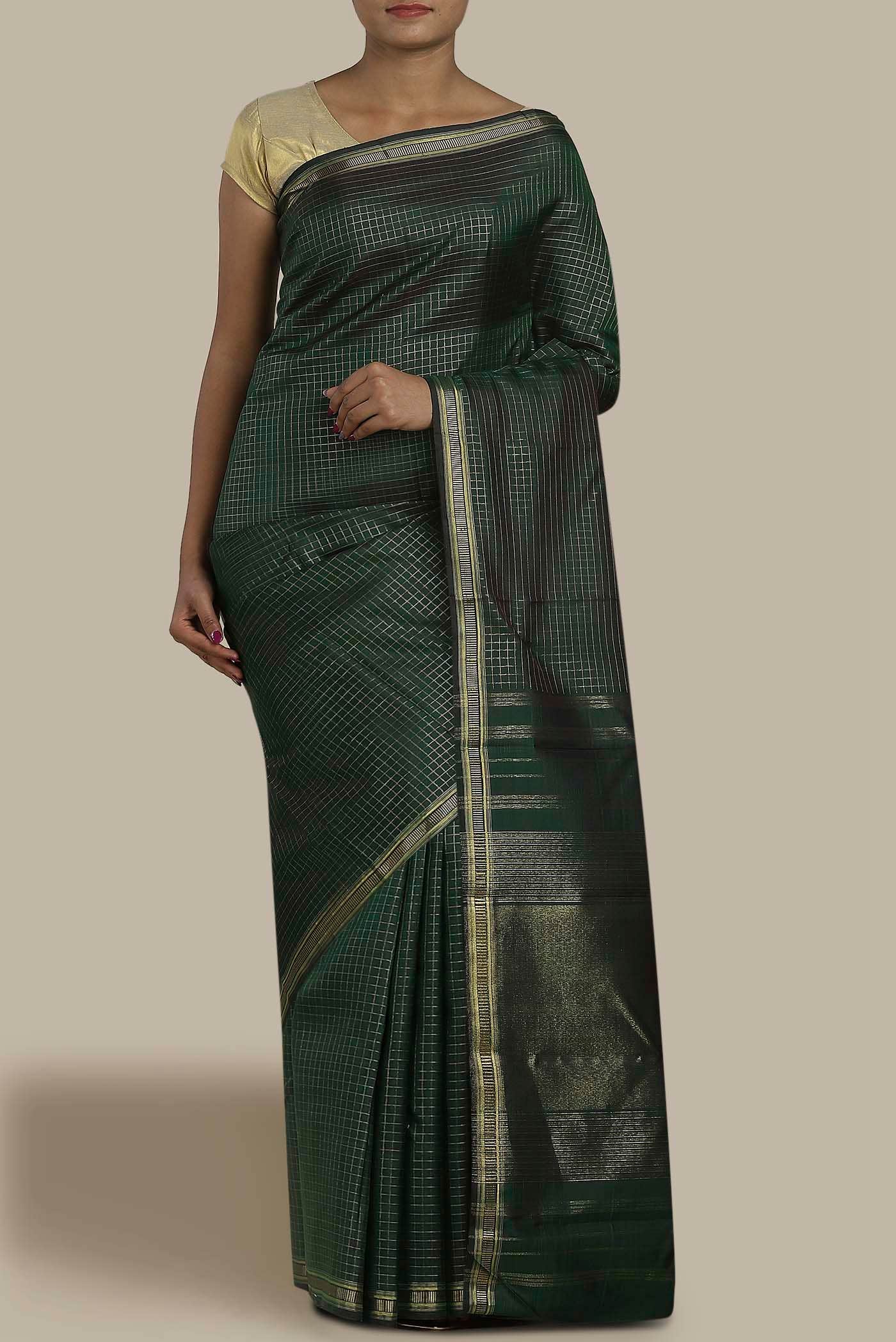 Pure Silk Pure Zari Bottle Green Kanchipuram Saree