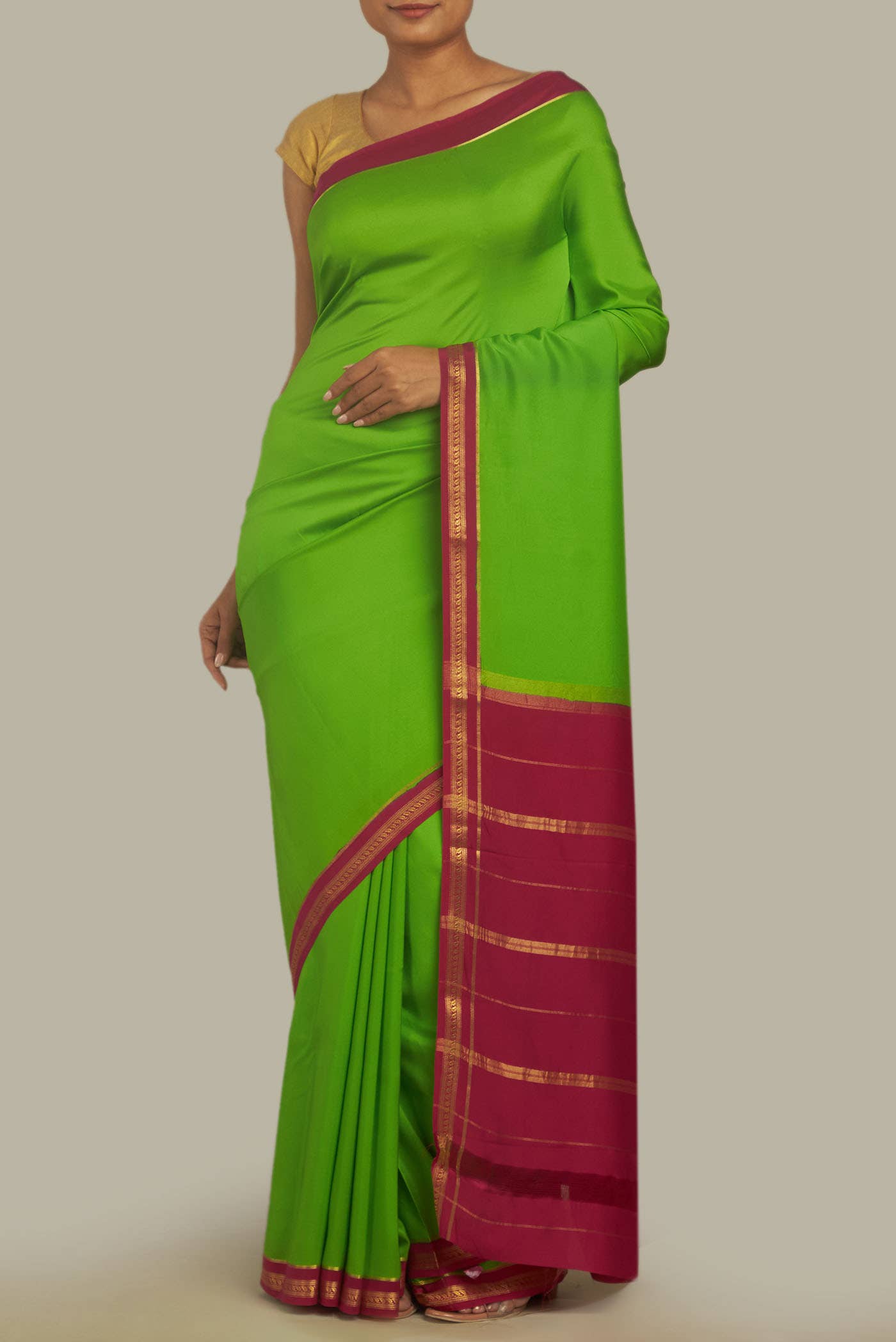 Pure Silk Pure Zari Parrot Green Mysore Crepe Saree