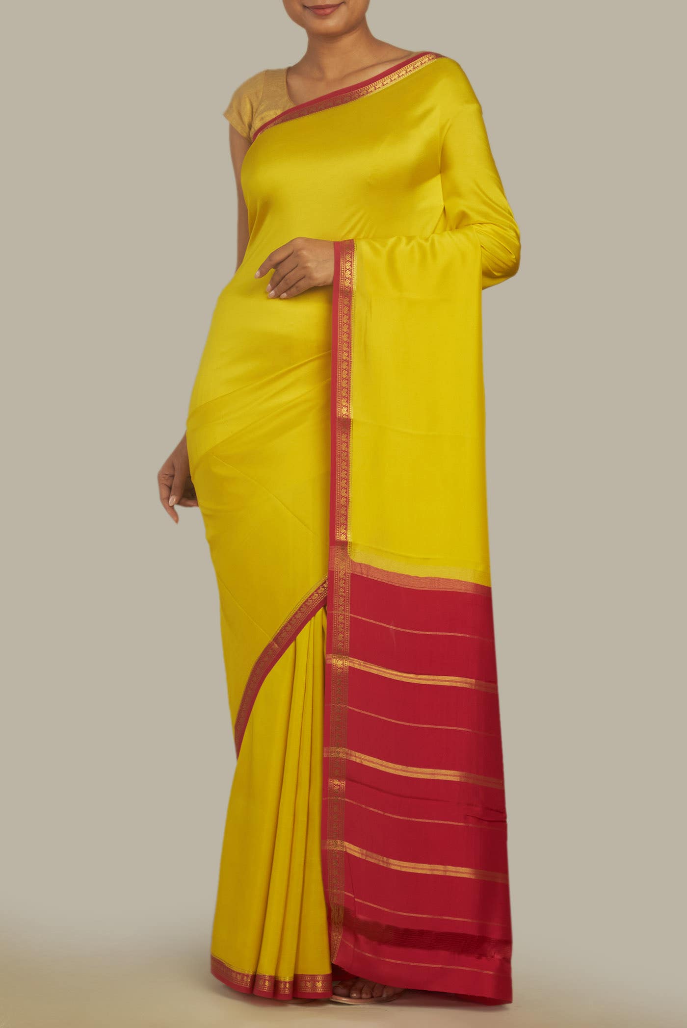 Pure Silk Pure Zari Yellow Mysore Crepe Saree