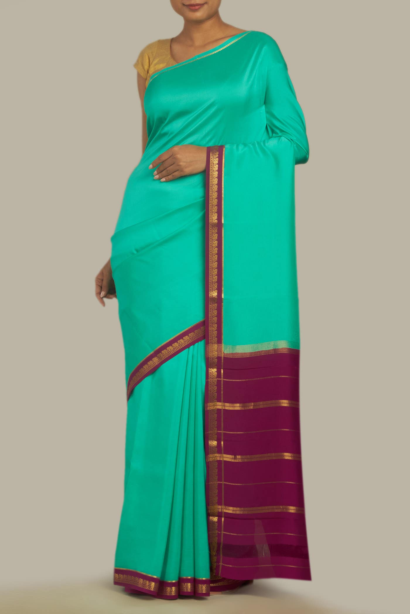 Pure Silk Pure Zari Sea Green Mysore Crepe Saree