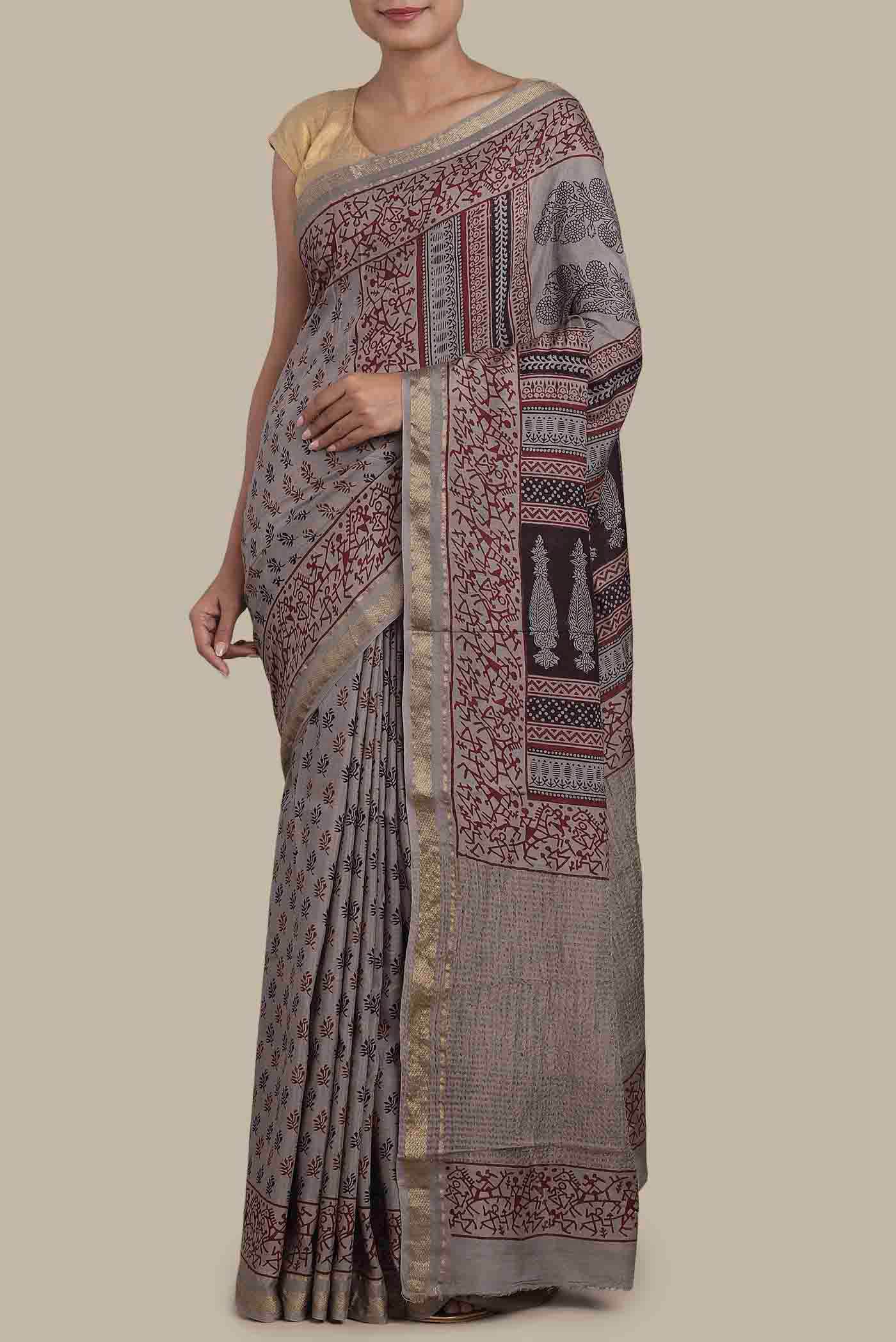 Grey Tussar Silk Saree