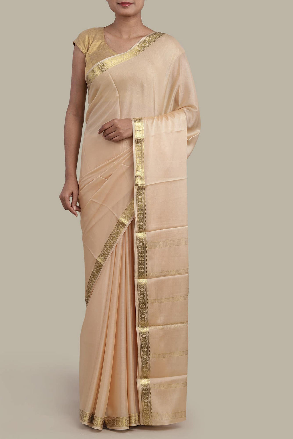 Beige Mysore Crepe Saree