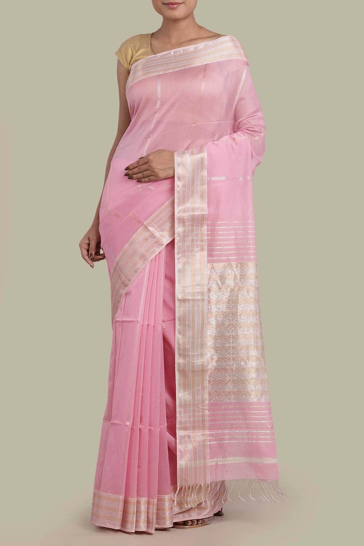 Rose pink Maheshwari Silk Cotton Saree