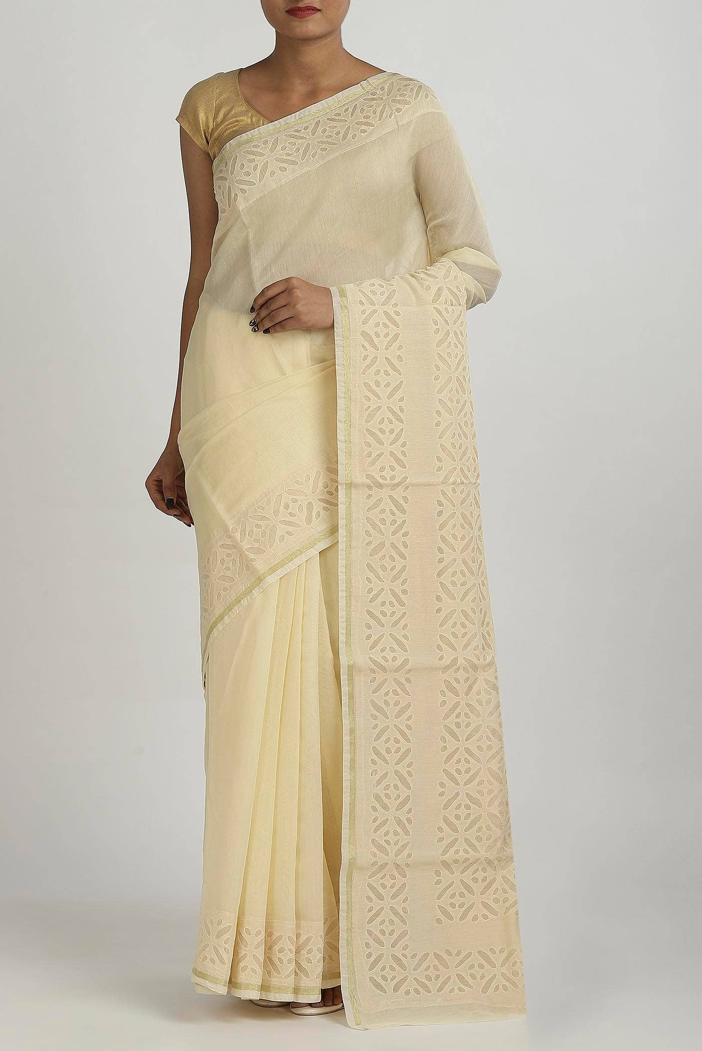 Cream Maheshwari Silk Cotton Saree
