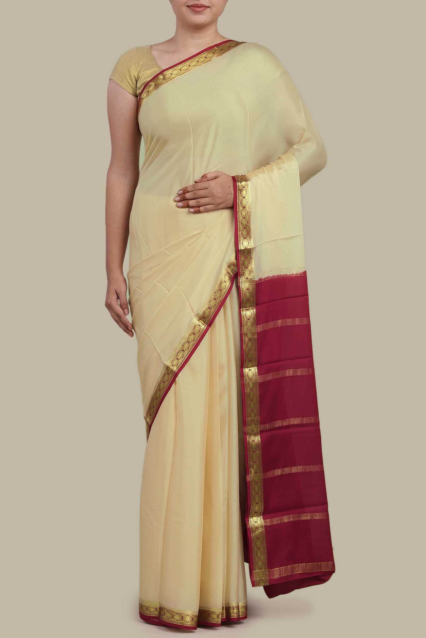 Cream Mysore Crepe Saree