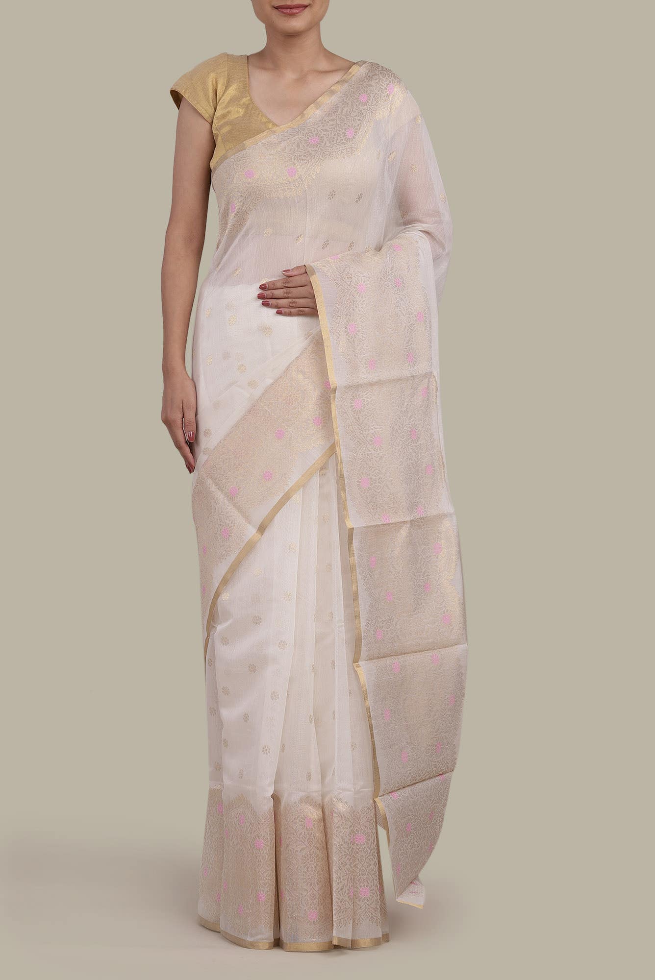 White Chanderi Silk Cotton Saree