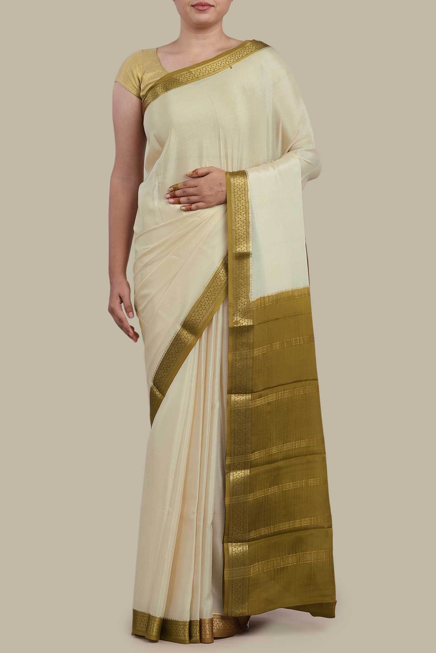 Cream Mysore Crepe Saree