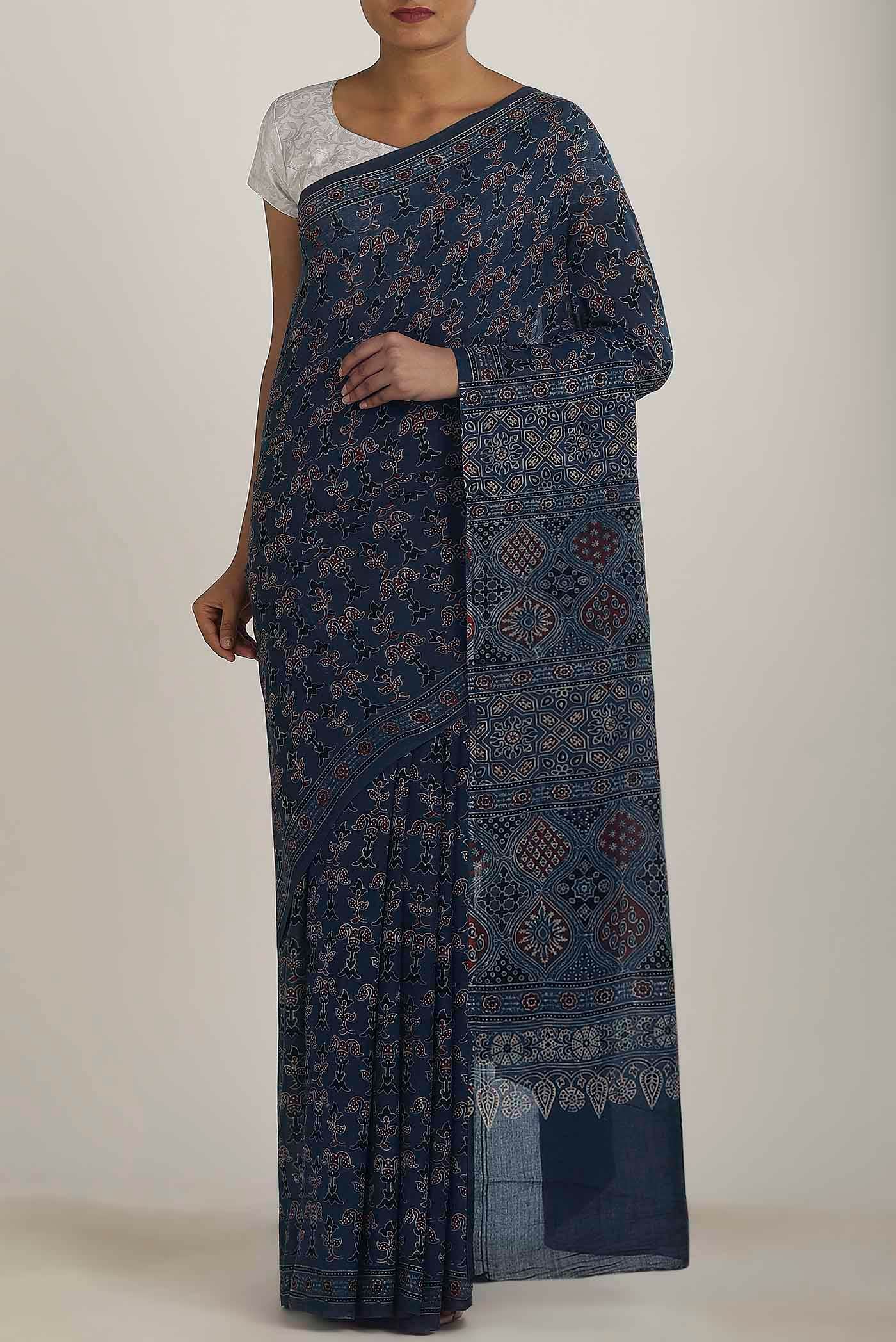 Blue Printed Cotton Saree