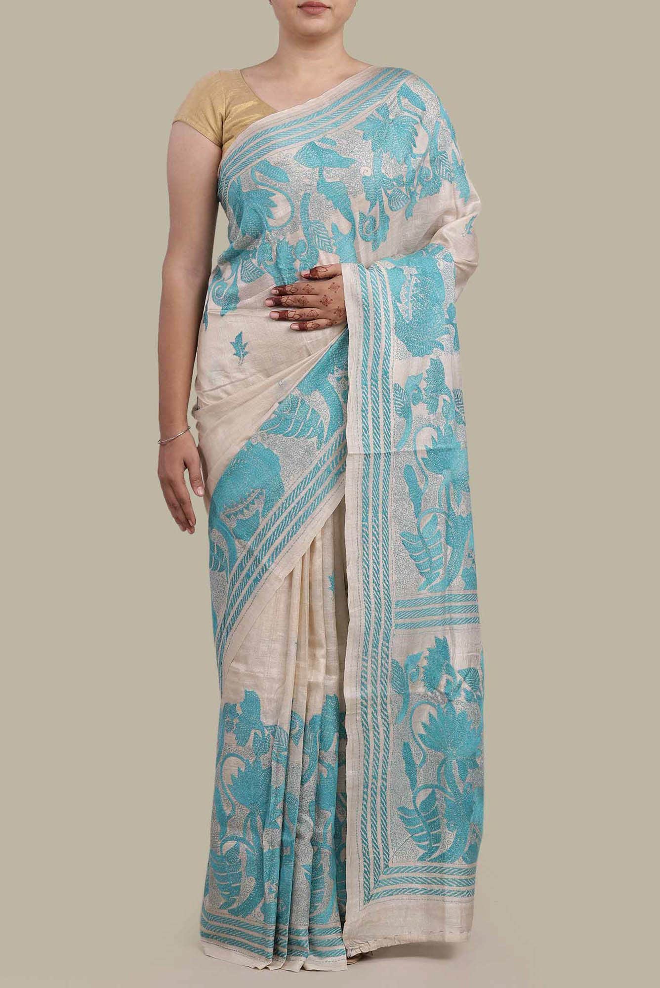 Beige Tussar Silk Saree