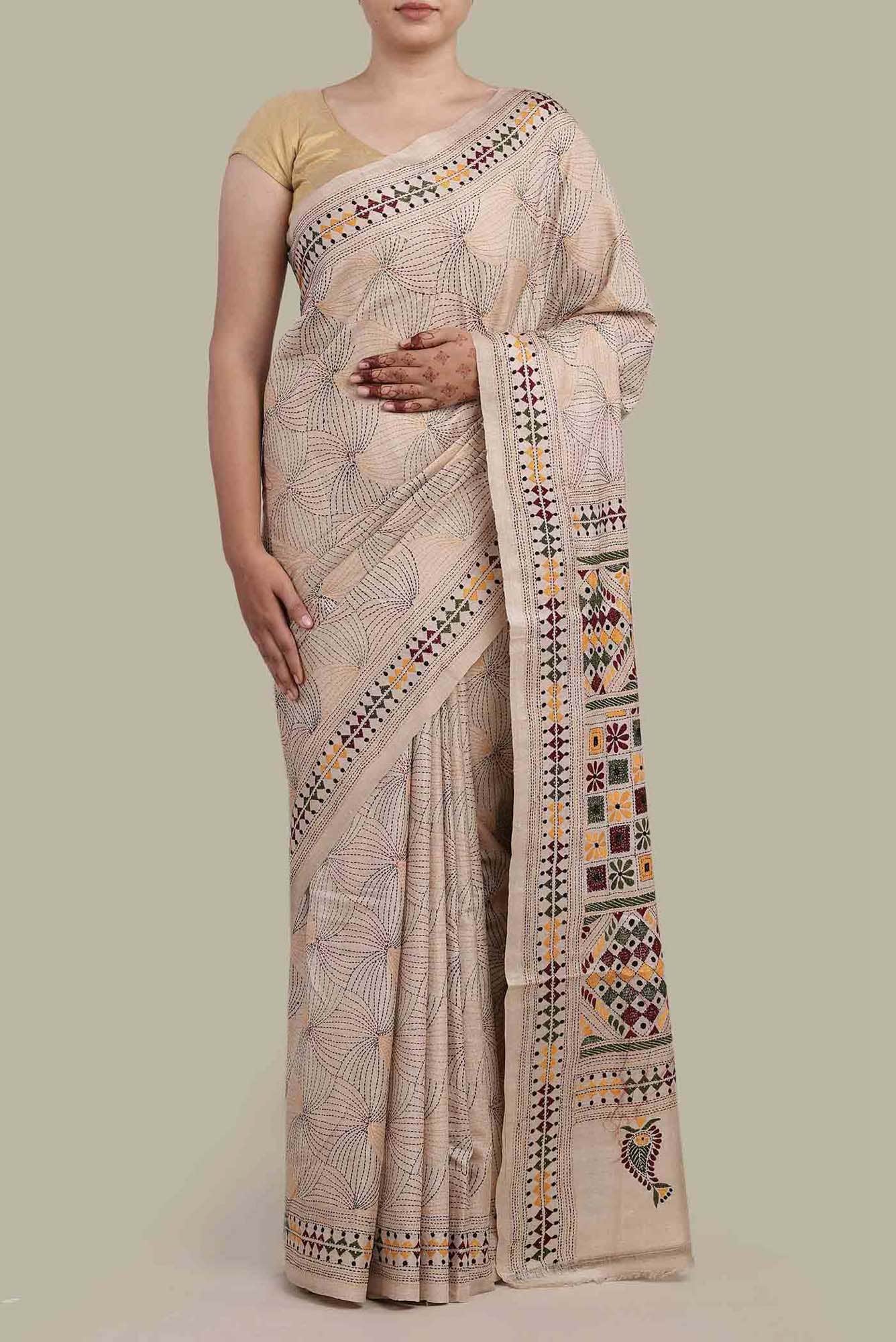 Beige Bhagalpuri Tussar Silk Saree