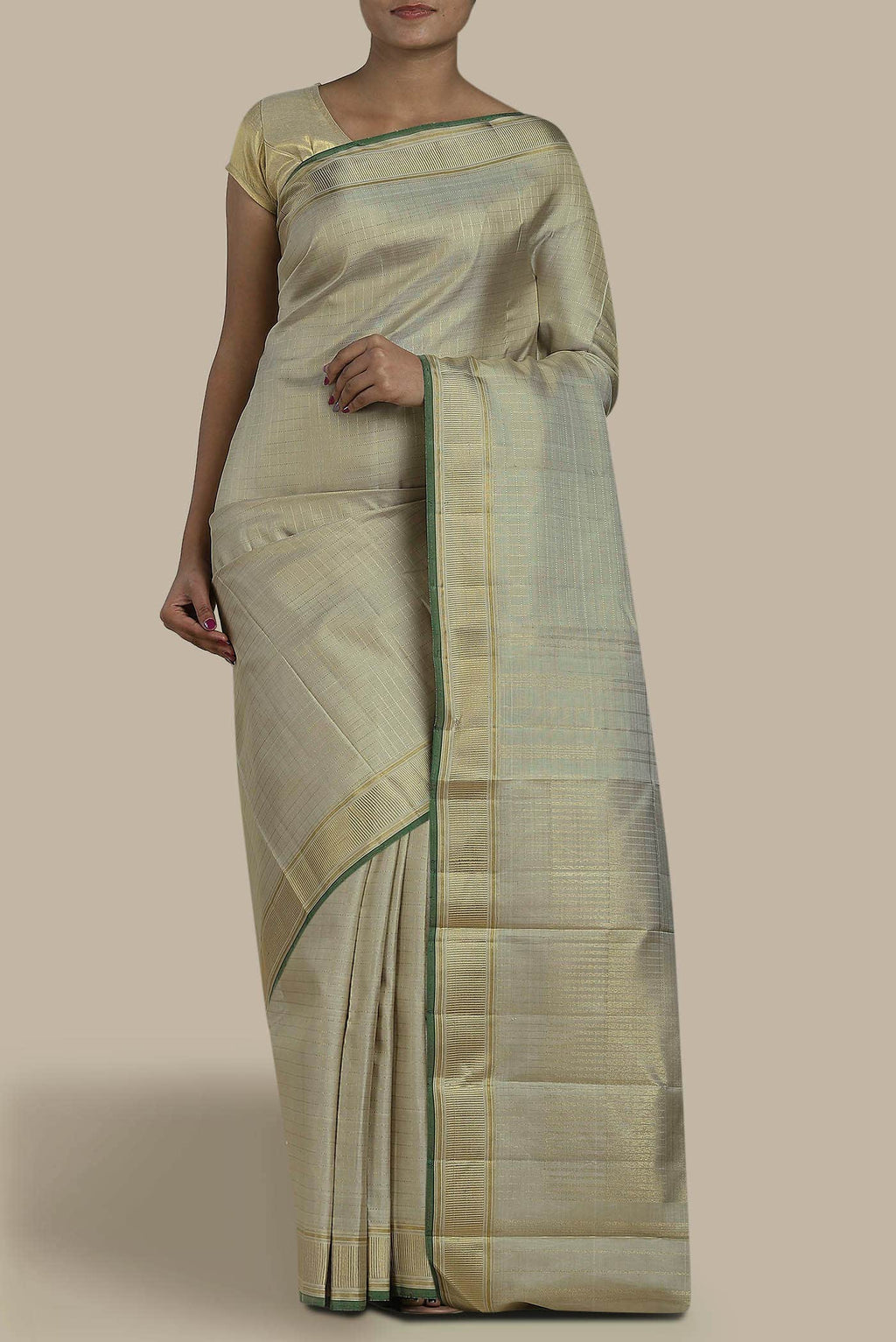 Pure Silk Pure Zari Beige Kanchipuram Saree
