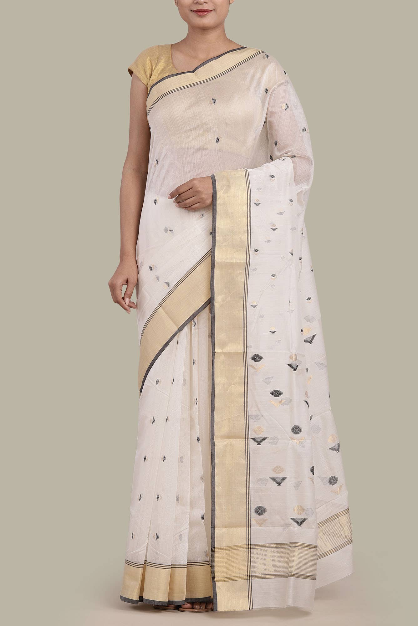 Cream Chanderi Silk Cotton Saree