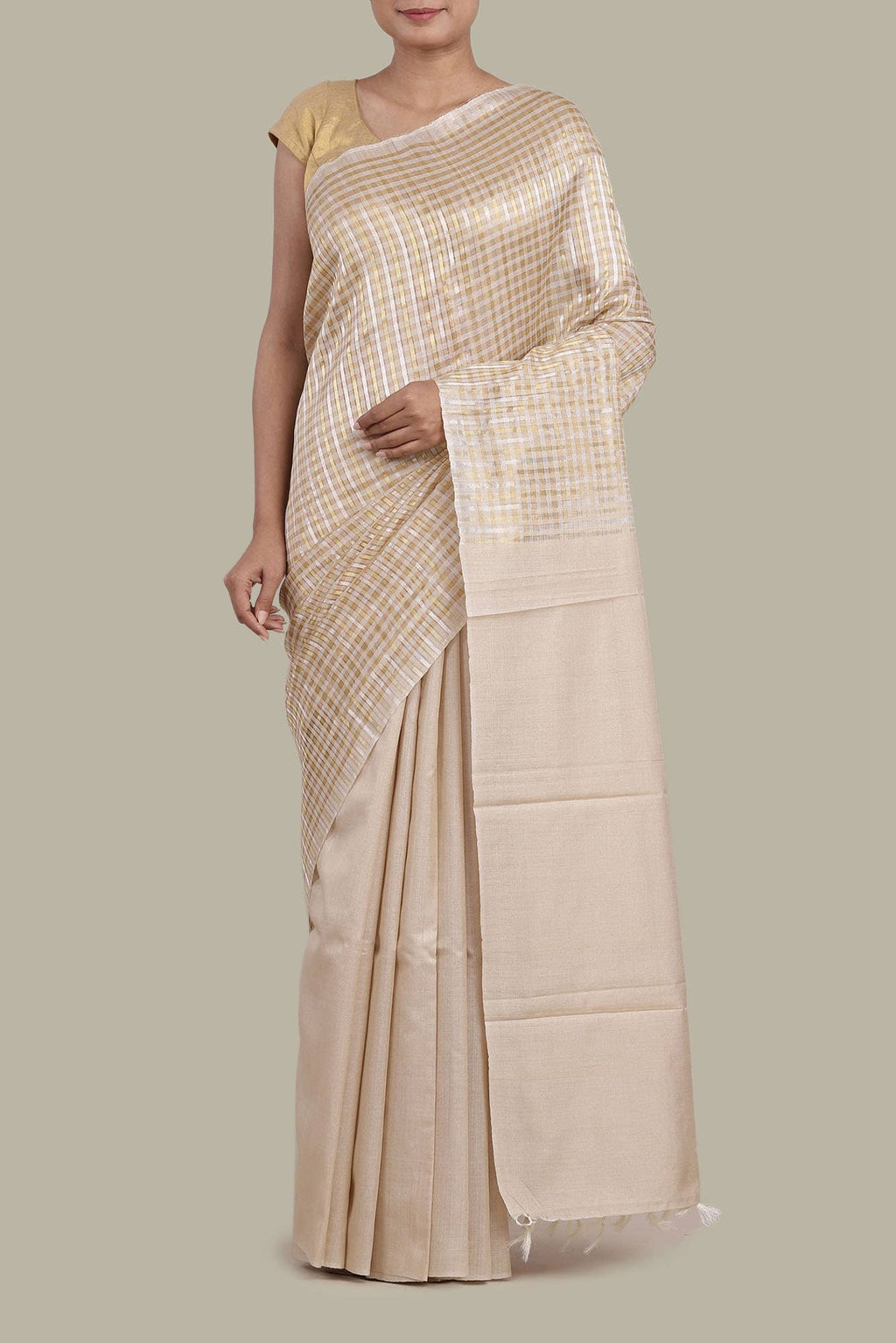 Beige Bhagalpuri Tussar Silk Saree