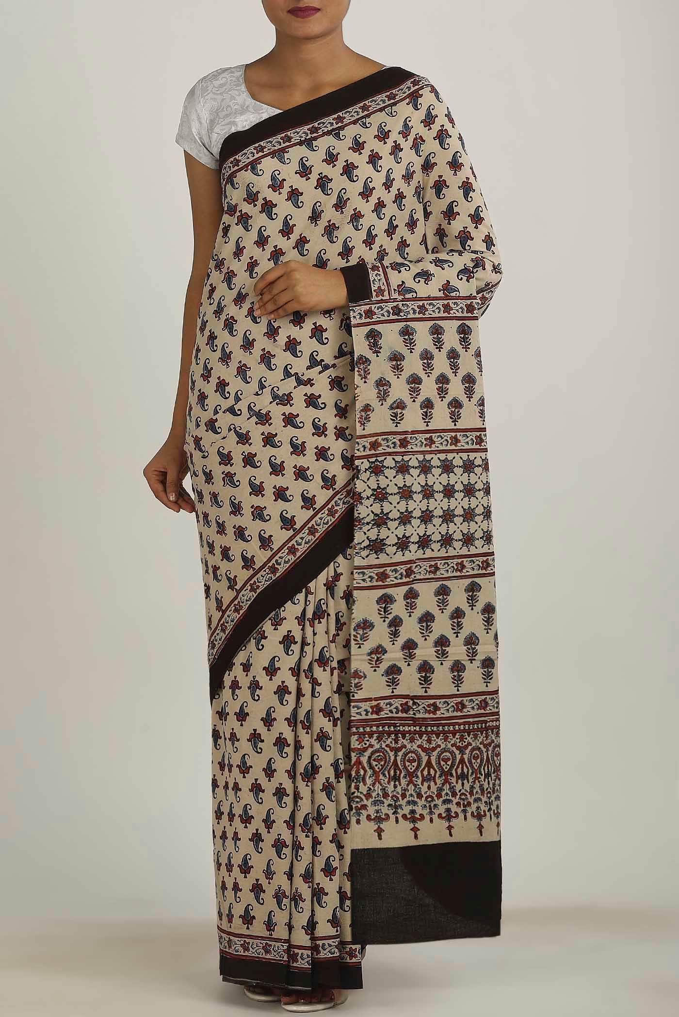 Beige Printed Cotton Saree