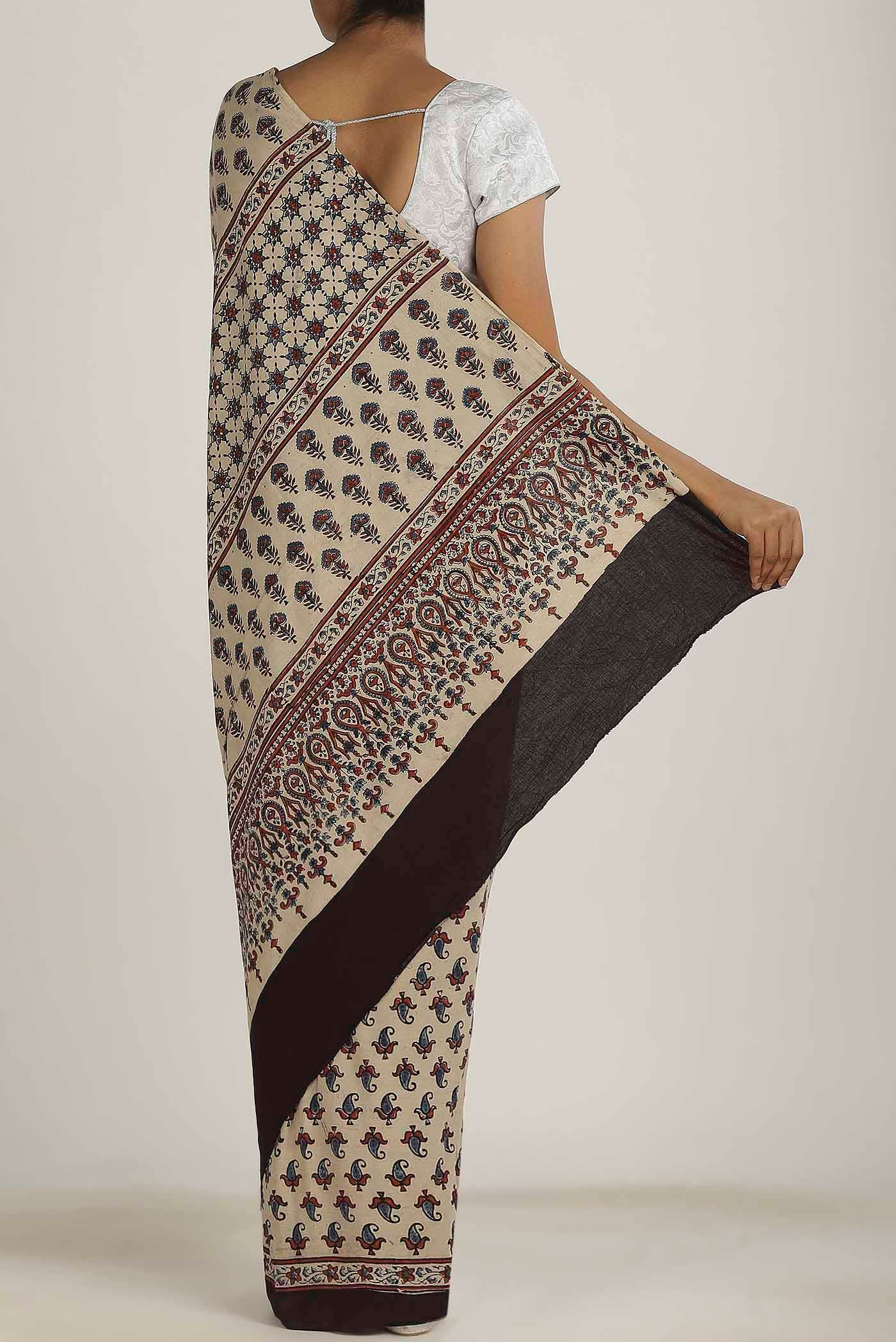 Beige Printed Cotton Saree