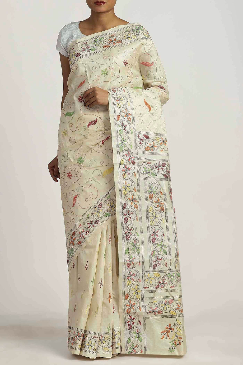 Cream Tussar Silk Saree