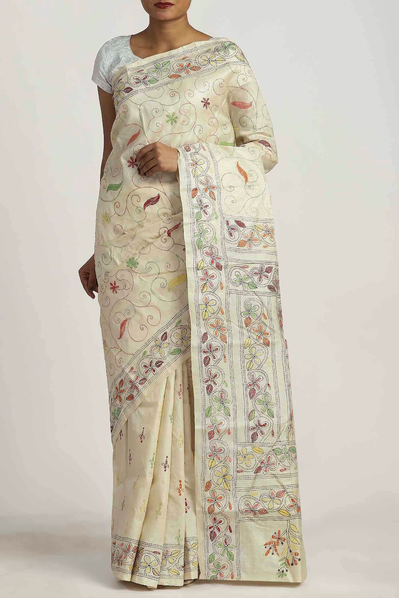 Cream Tussar Silk Saree