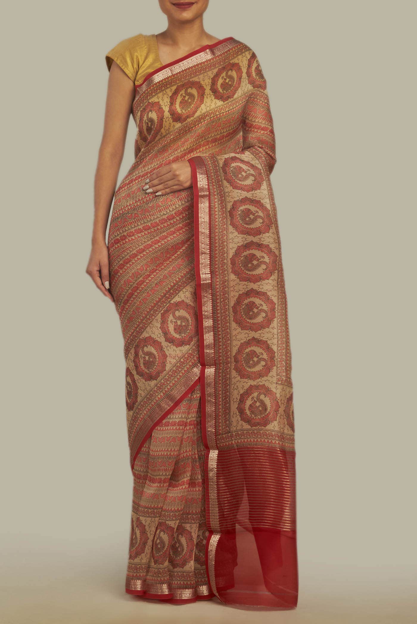 Beige Organza Silk Saree