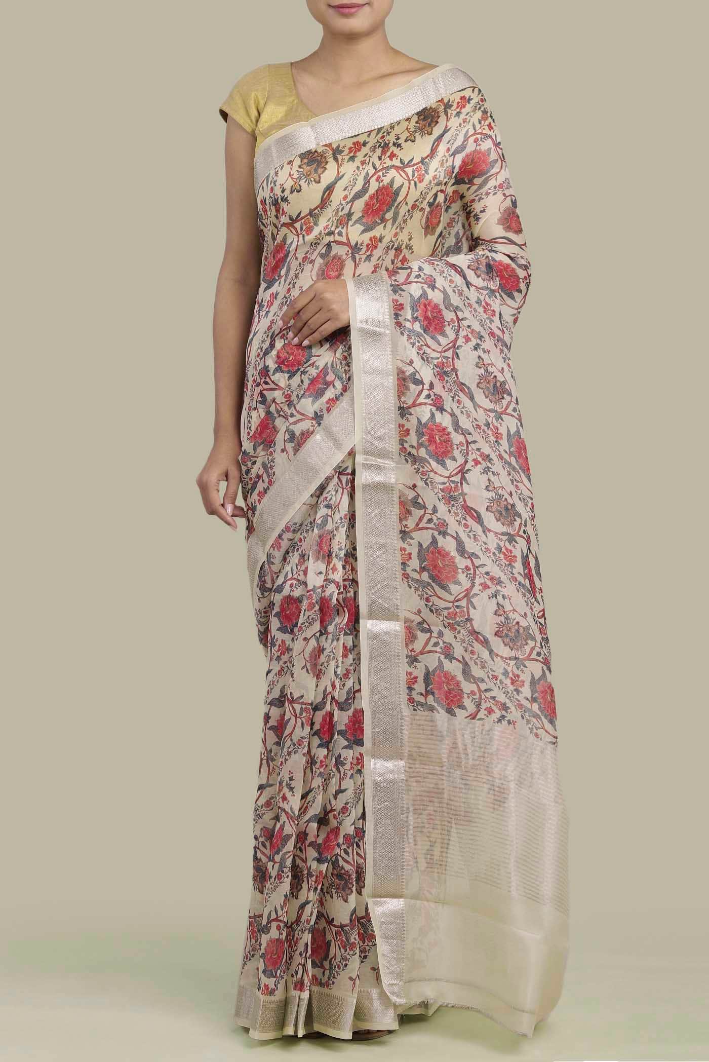 Cream Organza Silk Saree