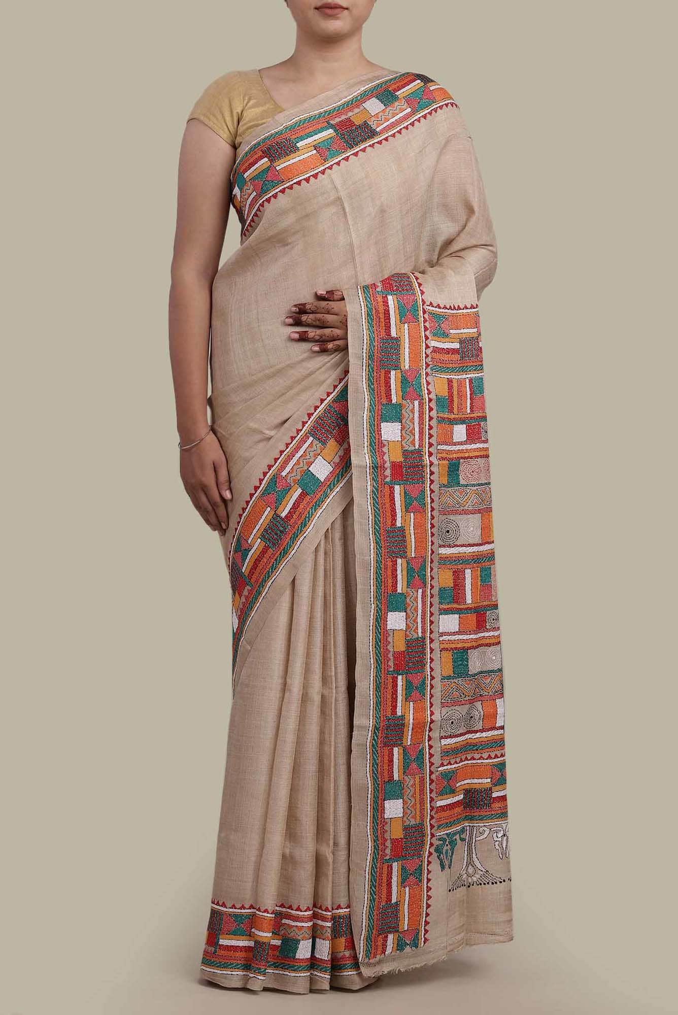 Beige Bhagalpuri Tussar Silk Saree