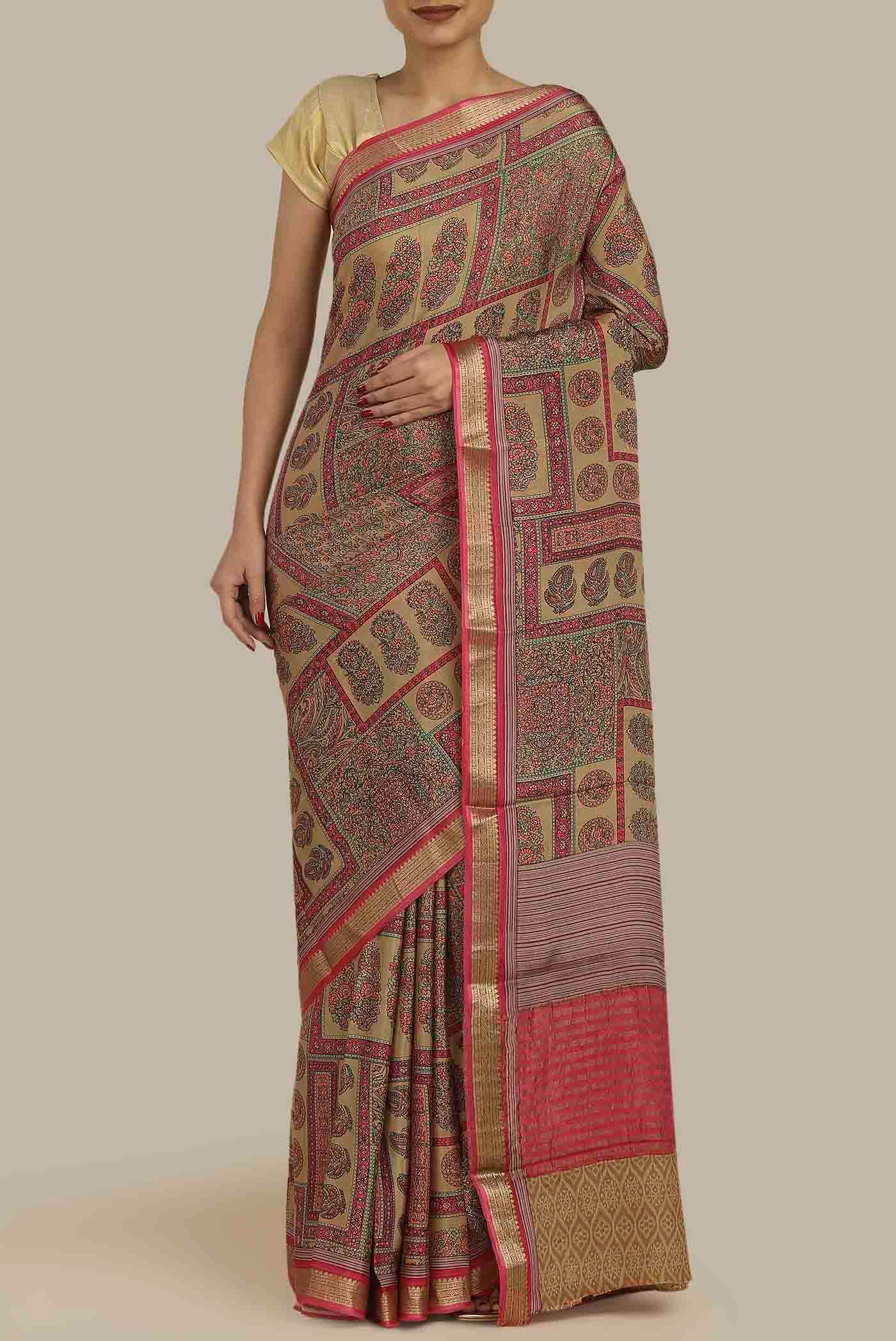 Beige Mysore Crepe Saree
