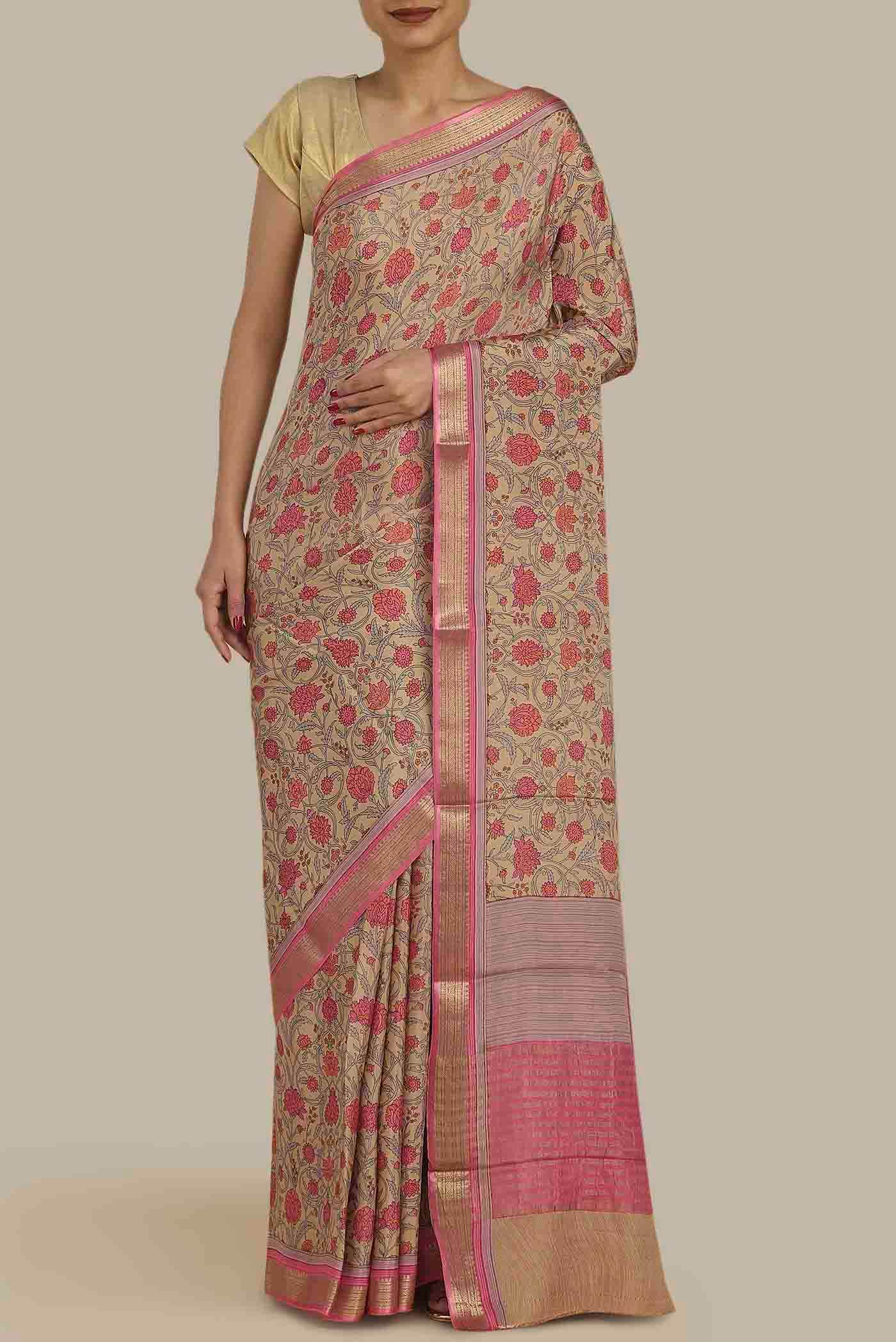 Beige Mysore Crepe Saree
