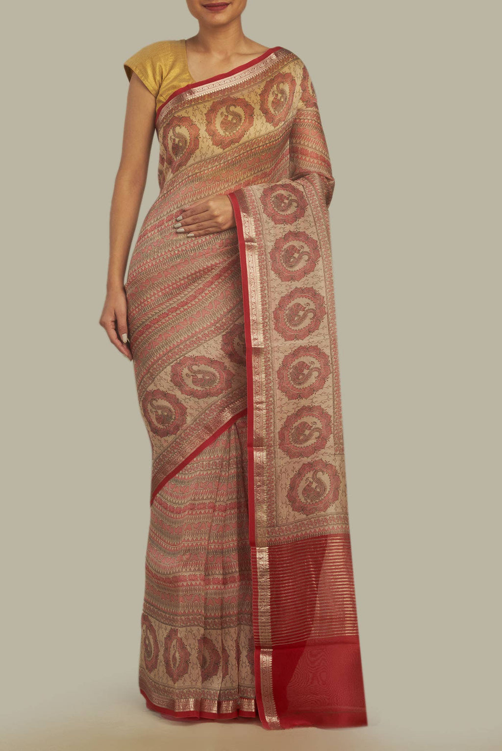Beige Organza Silk Saree