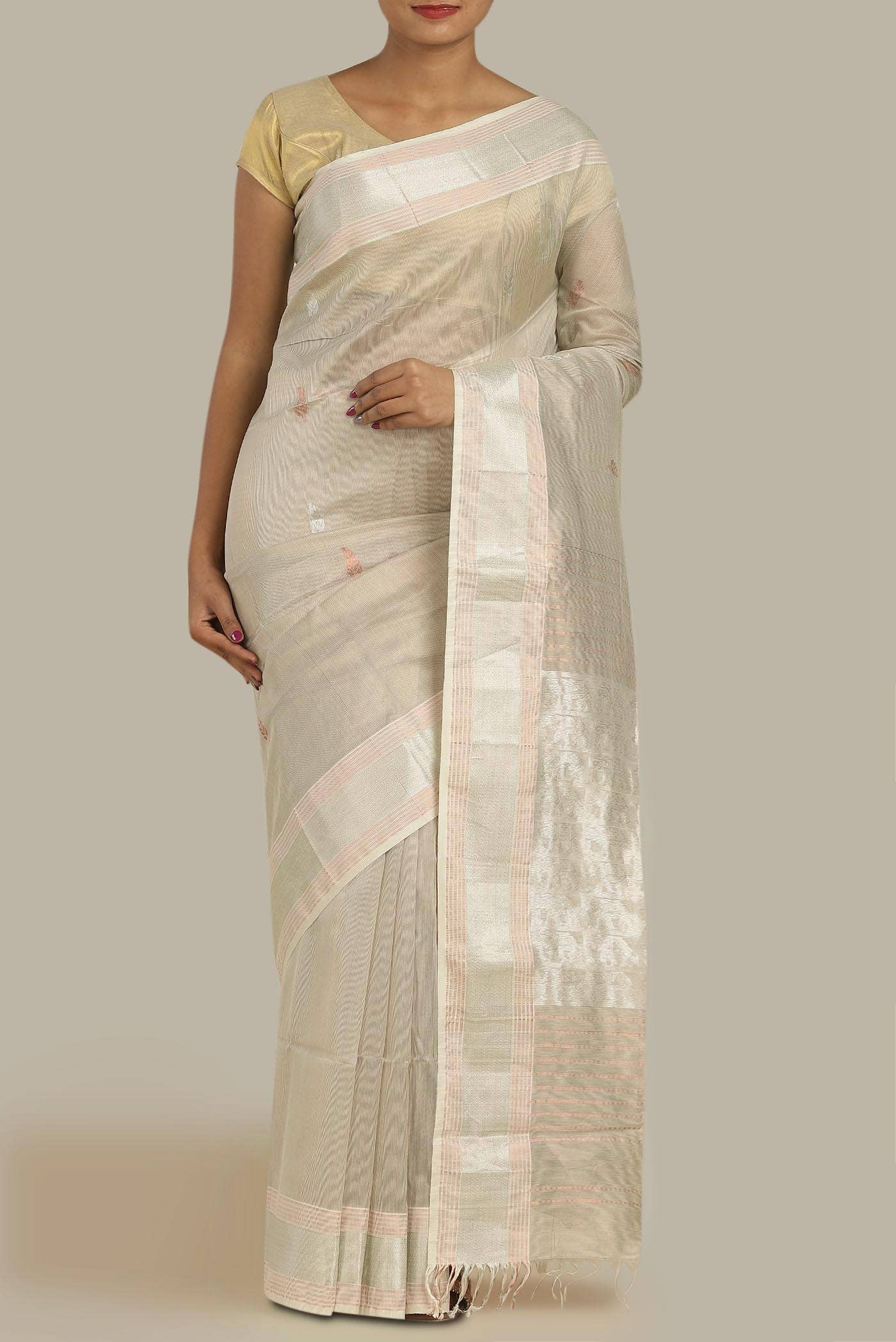 Cream Maheshwari Silk Saree