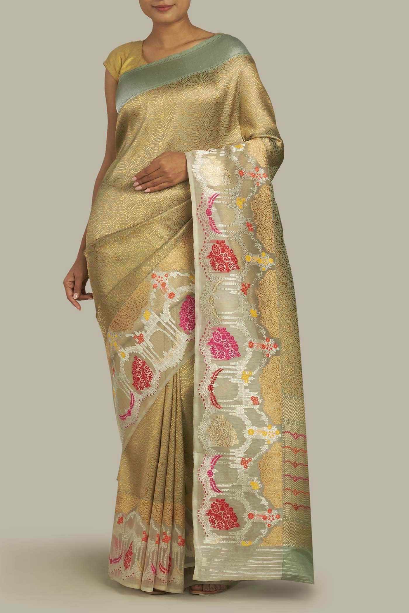 Green Banarasi Kora Silk Saree