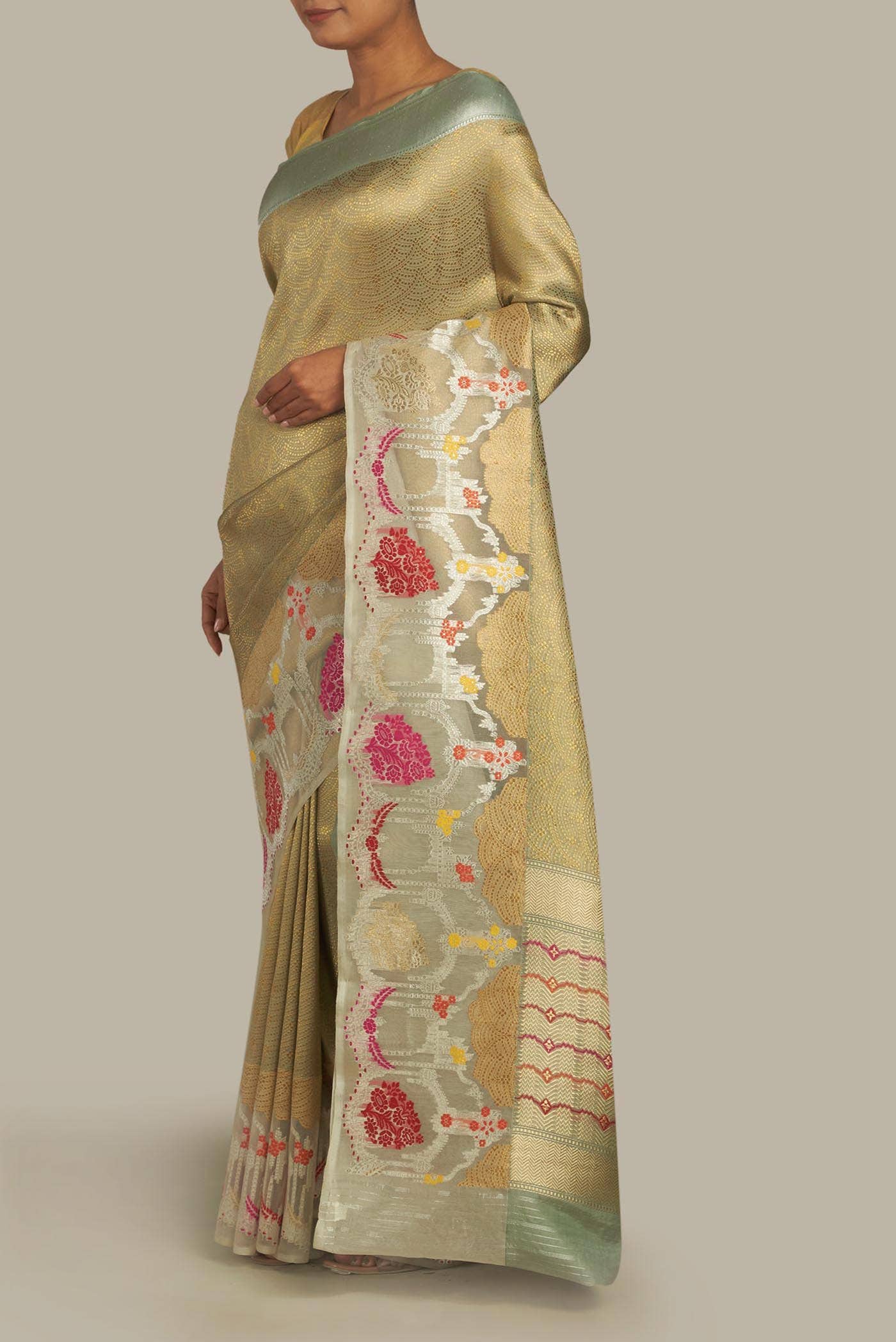 Green Banarasi Kora Silk Saree