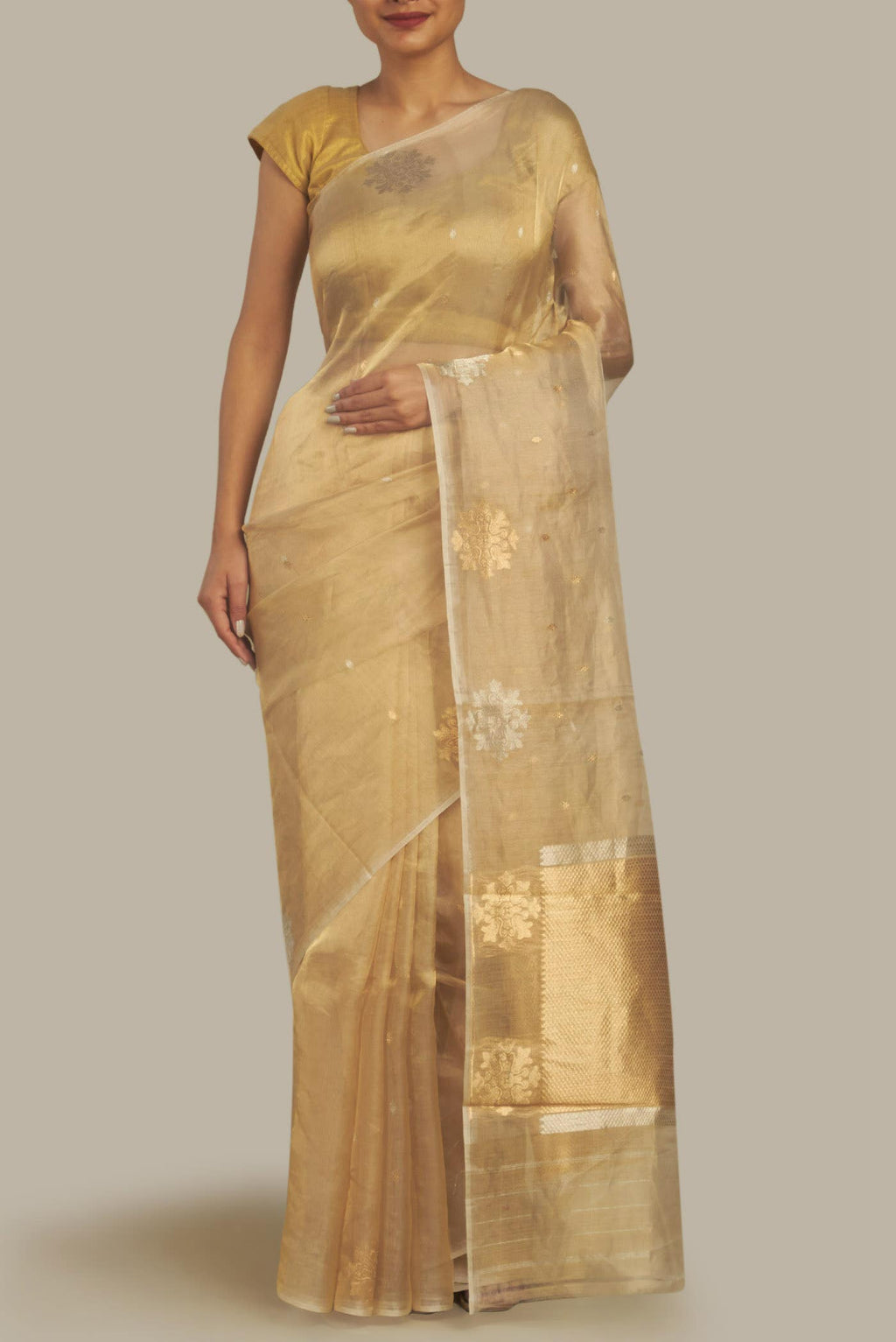 Beige Organza Silk Saree