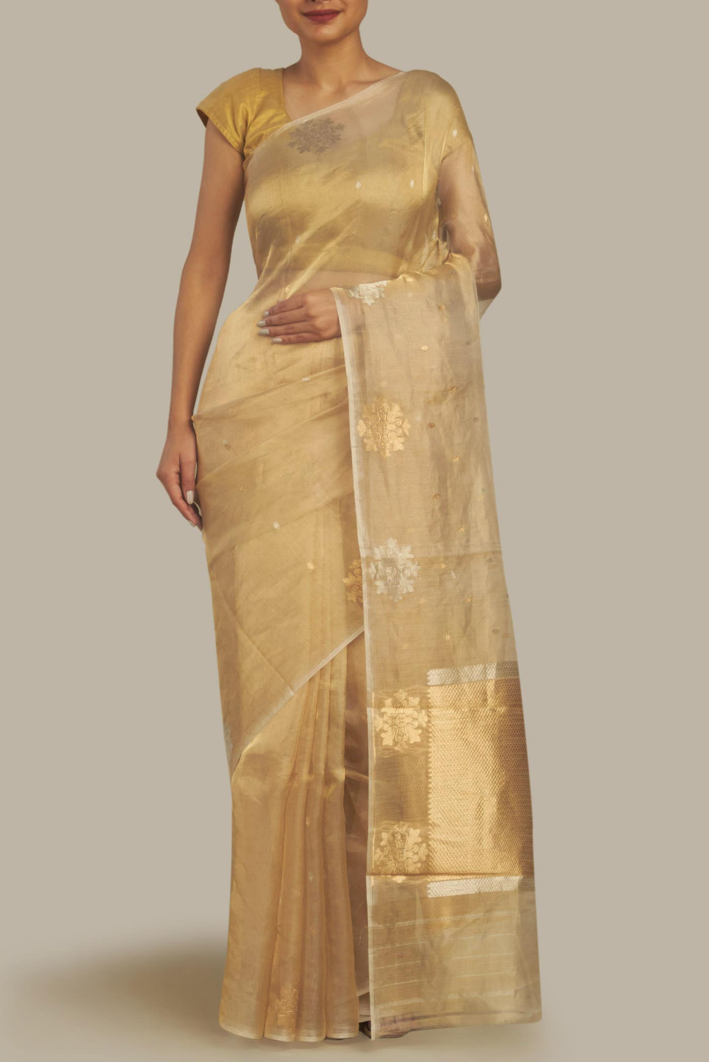 Beige Organza Silk Saree