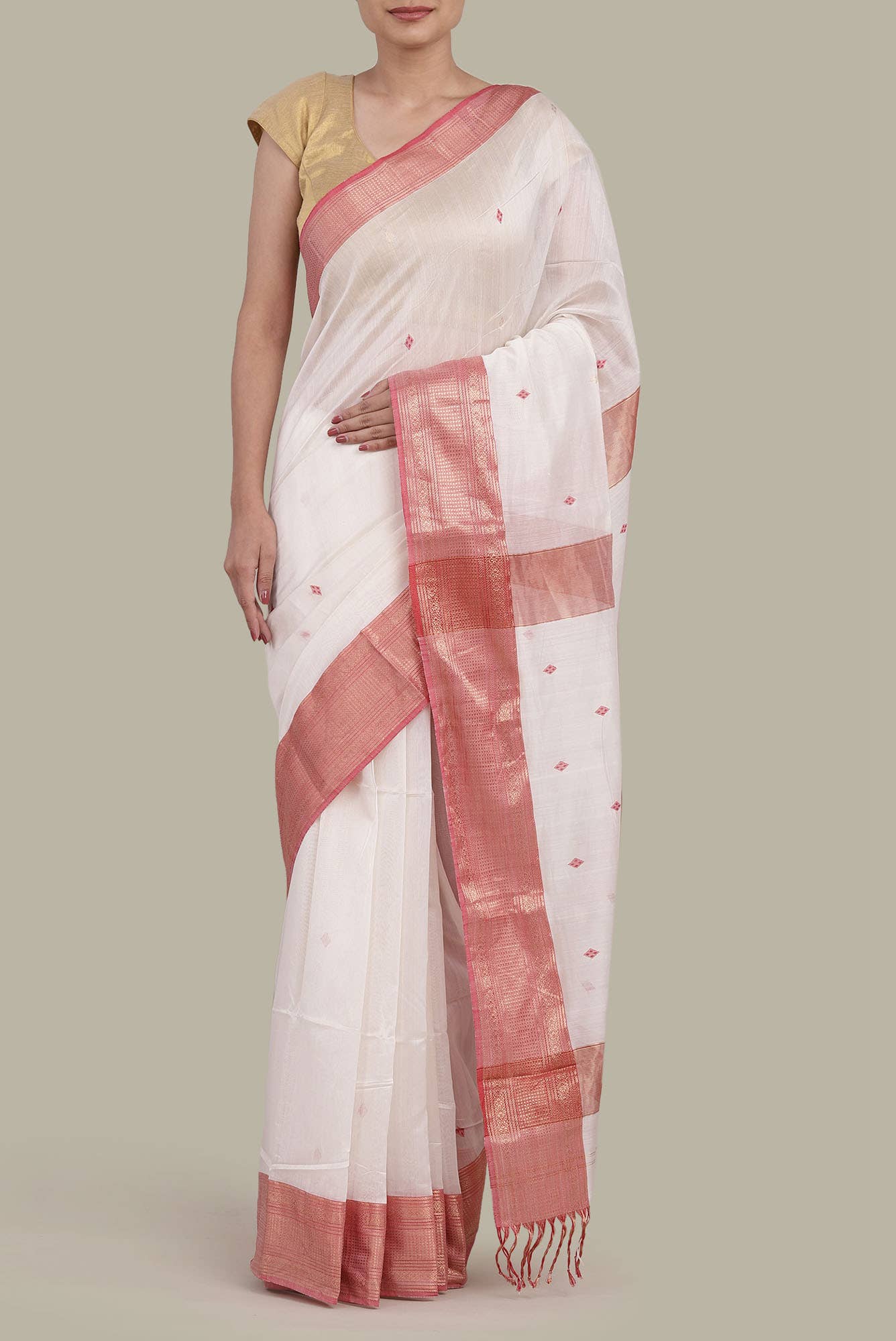White Maheshwari Silk Cotton Saree