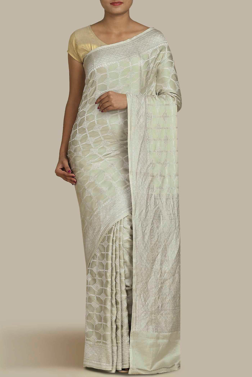 Cream Banarasi Silk Saree
