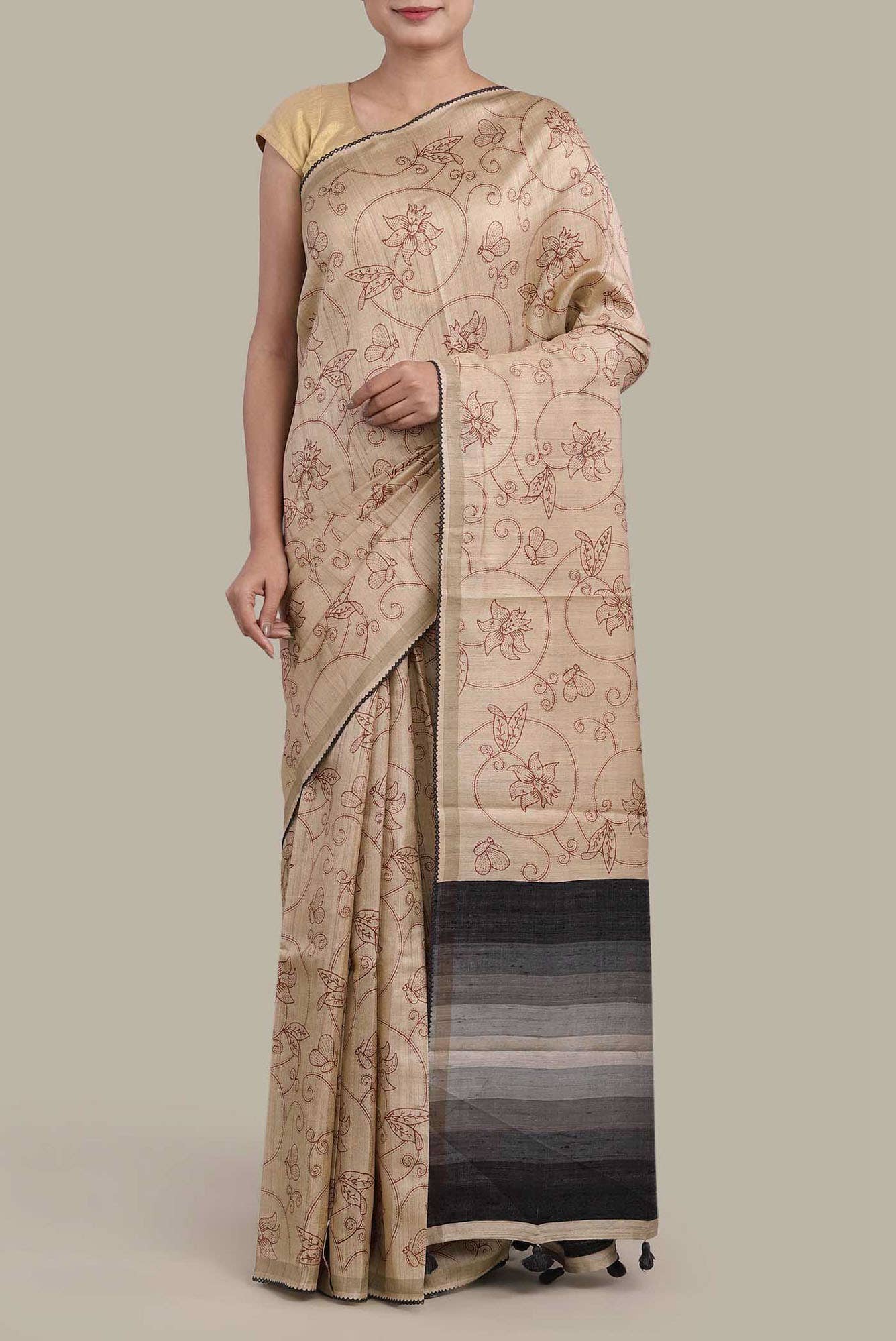 Beige Bhagalpuri Tussar Silk Saree