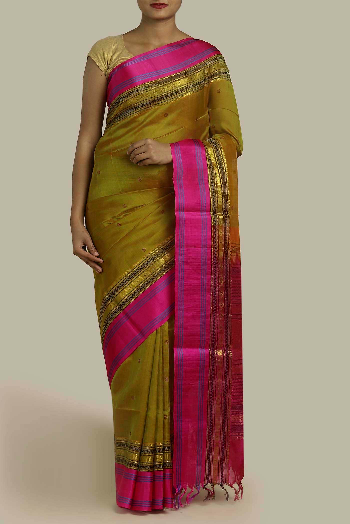 Green with Yellow Dual Tone Silk Cotton Saree