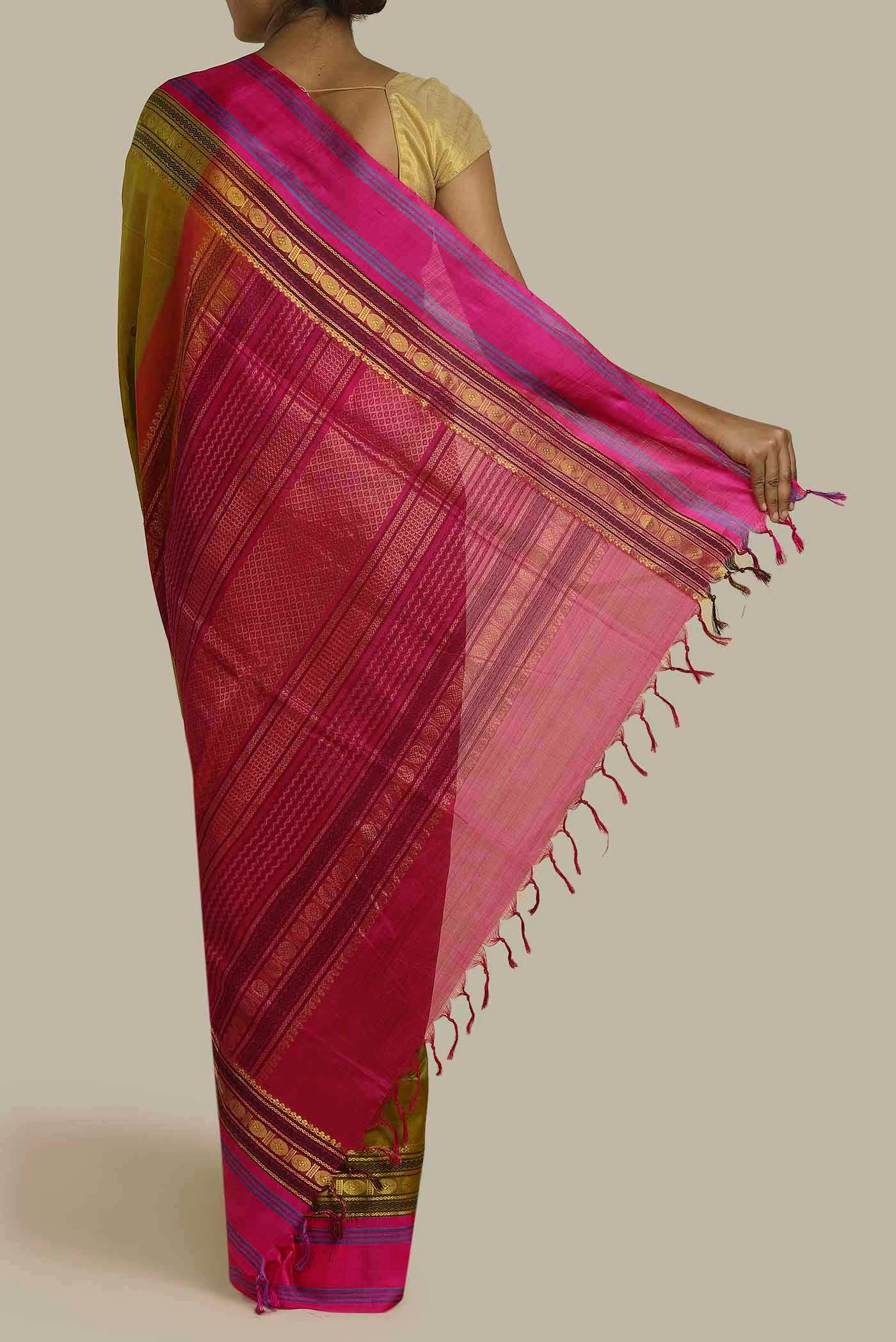 Green with Yellow Dual Tone Silk Cotton Saree