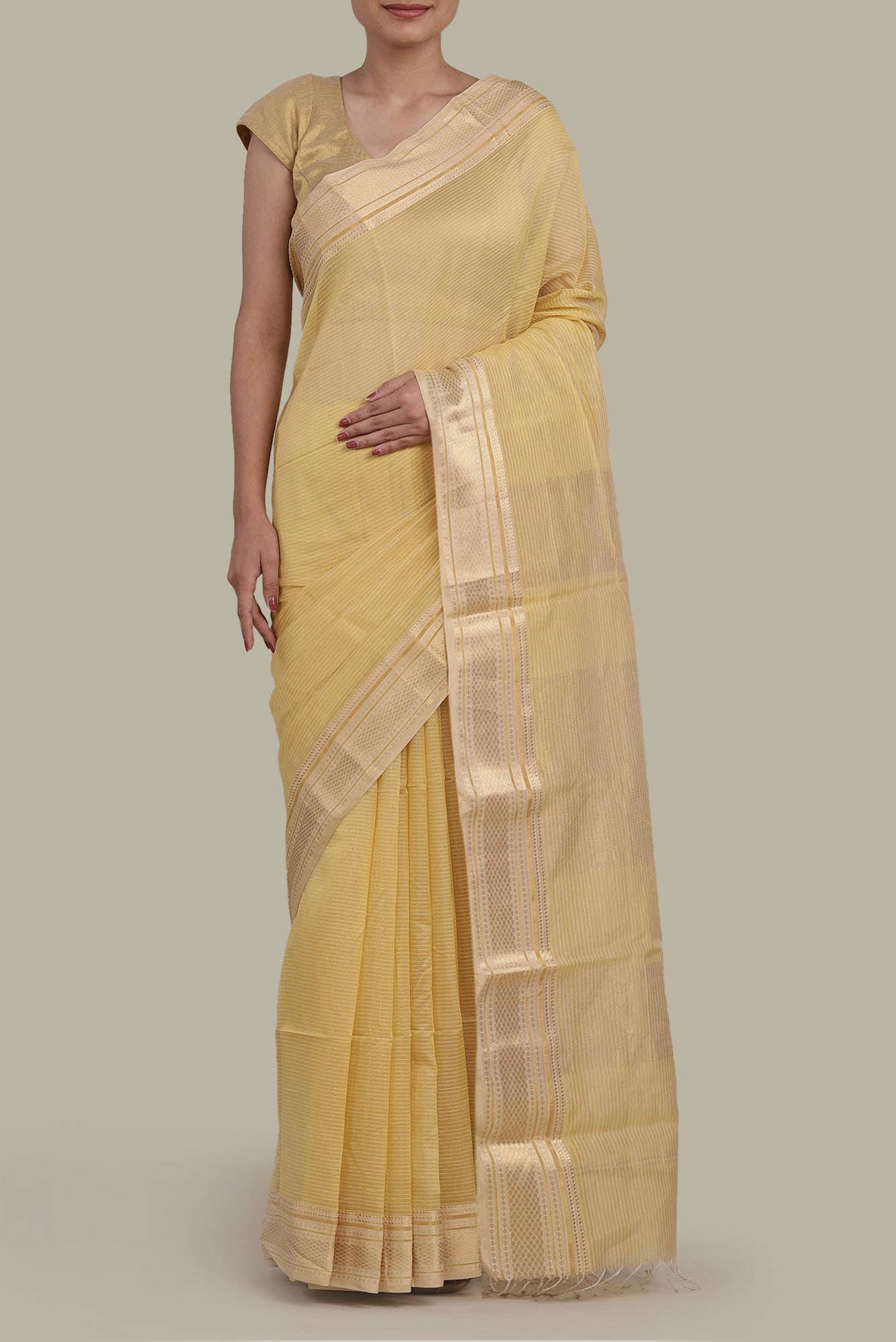 Cream Maheshwari Silk Cotton Saree